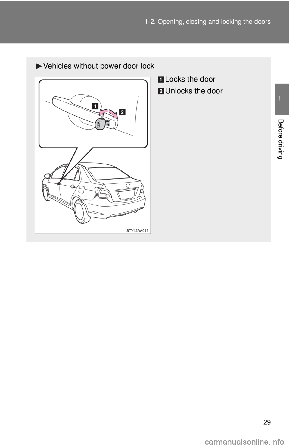 TOYOTA YARIS SEDAN 2010 Service Manual 29
1-2. Opening, closing and locking the doors
1
Before driving
Vehicles without power door lock
Locks the door
Unlocks the door TOYOTA YARIS SEDAN 2010 Service Manual 29
1-2. Opening, closing and locking the doors
1
Before driving
Vehicles without power door lock
Locks the door
Unlocks the door