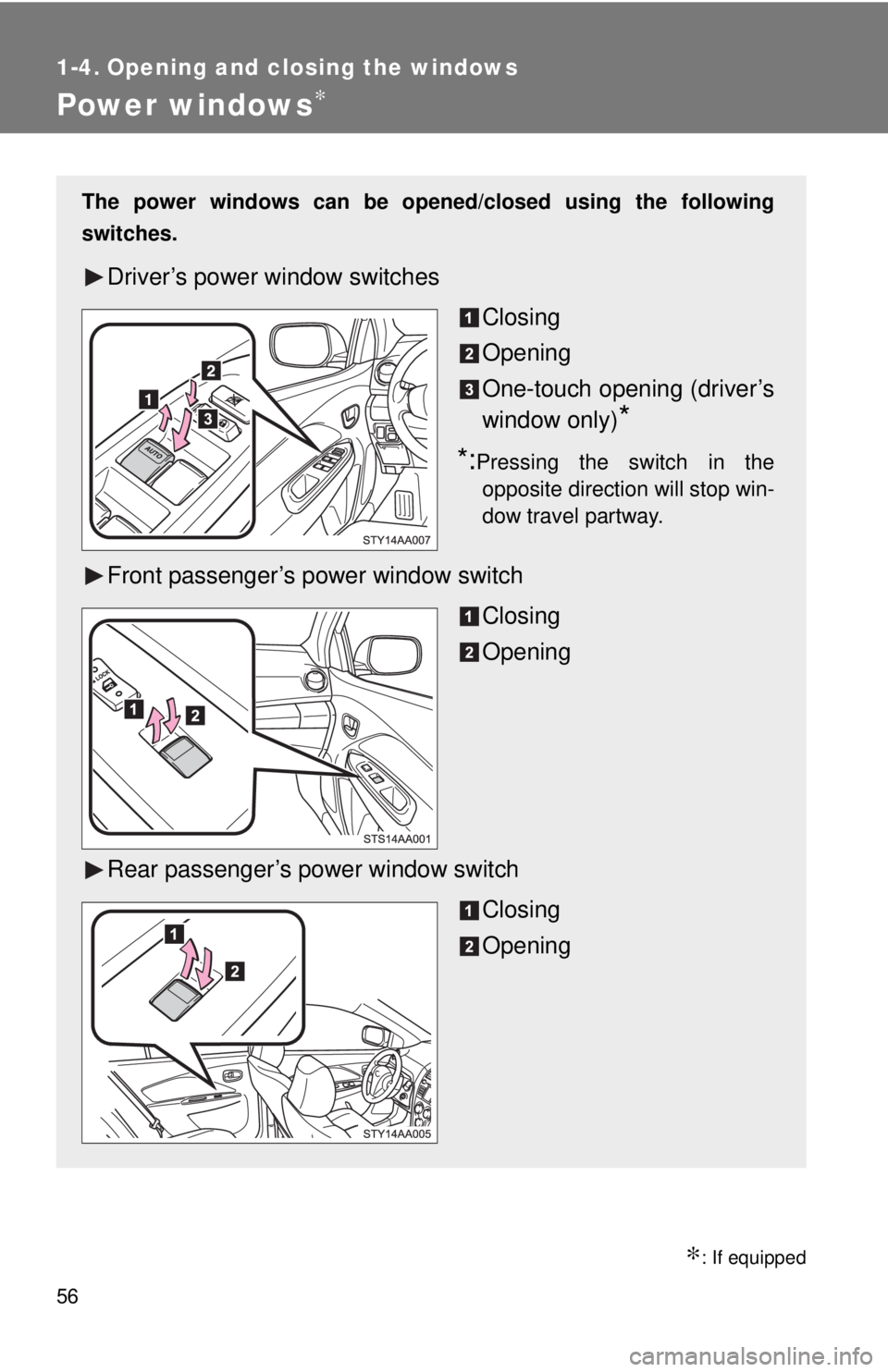 TOYOTA YARIS SEDAN 2010 Repair Manual 56
1-4. Opening and closing the windows
Power windows∗
∗: If equipped
The power windows can be opened/closed using the following
switches.
Driver’s power window switchesClosing
Opening
One-touch