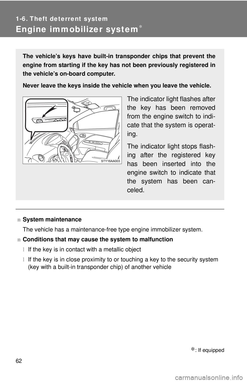 TOYOTA YARIS SEDAN 2010 Manual PDF 62
1-6. Theft deterrent system
Engine immobilizer system∗
∗: If equipped
nSystem maintenance
The vehicle has a maintenance-free type engine immobilizer system.
n Conditions that may cause the syst