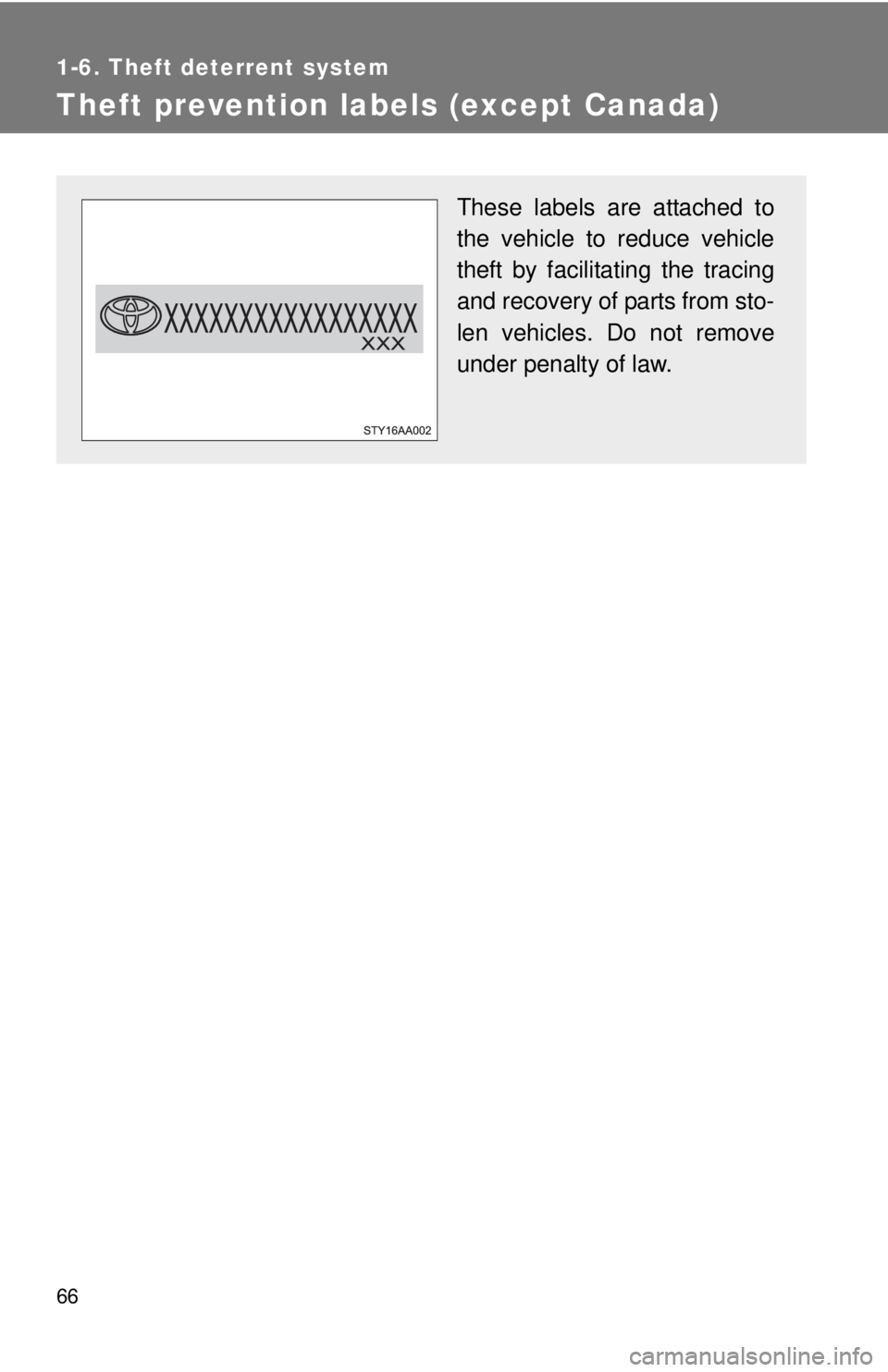 TOYOTA YARIS SEDAN 2010 Manual PDF 66
1-6. Theft deterrent system
Theft prevention labels (except Canada)
These labels are attached to
the vehicle to reduce vehicle
theft by facilitating the tracing
and recovery of parts from sto-
len 