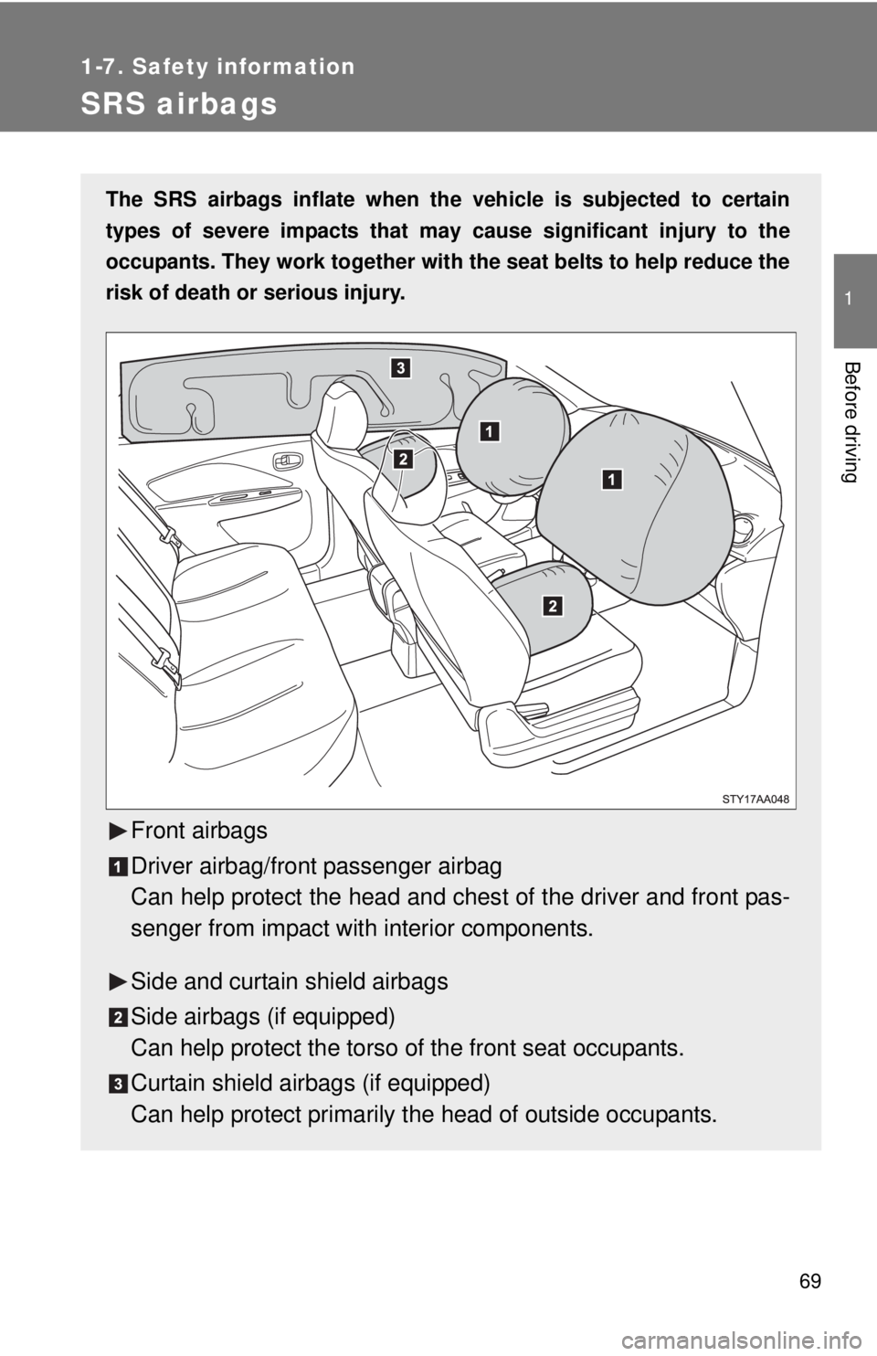 TOYOTA YARIS SEDAN 2010 Manual Online 69
1
1-7. Safety information
Before driving
SRS airbags
The SRS airbags inflate when the vehicle is subjected to certain
types of severe impacts that may  cause significant injury to the
occupants. Th