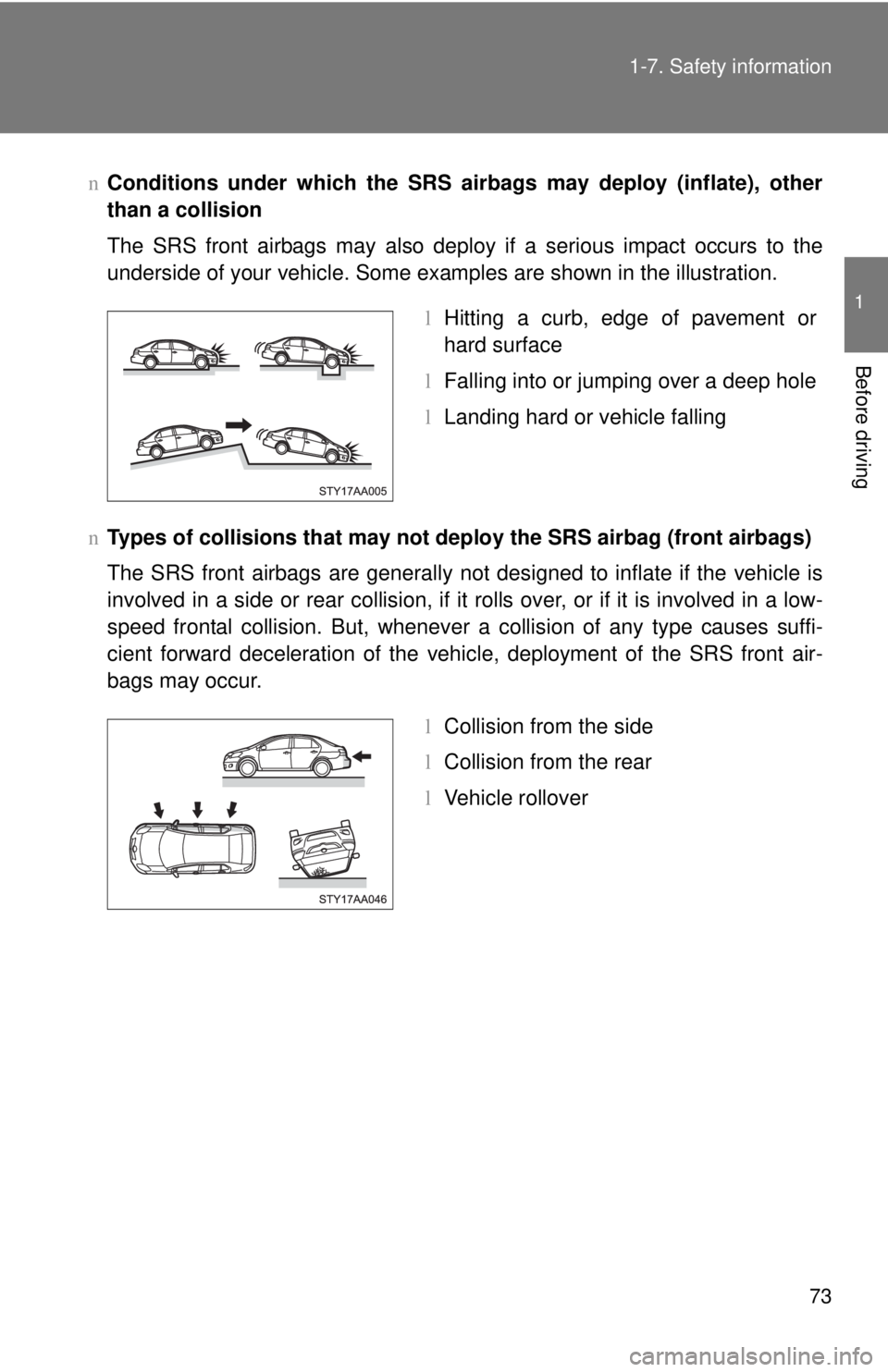 TOYOTA YARIS SEDAN 2010 Manual Online 73
1-7. Safety information
1
Before driving
n
Conditions under which the SRS airbags may deploy (inflate), other
than a collision
The SRS front airbags may also deploy if a serious impact occurs to th