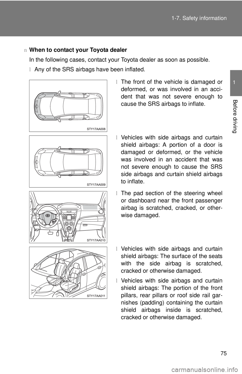 TOYOTA YARIS SEDAN 2010 Manual Online 75
1-7. Safety information
1
Before driving
n
When to contact your Toyota dealer
In the following cases, contact your Toyota dealer as soon as possible.
lAny of the SRS airbags have been inflated.
lTh