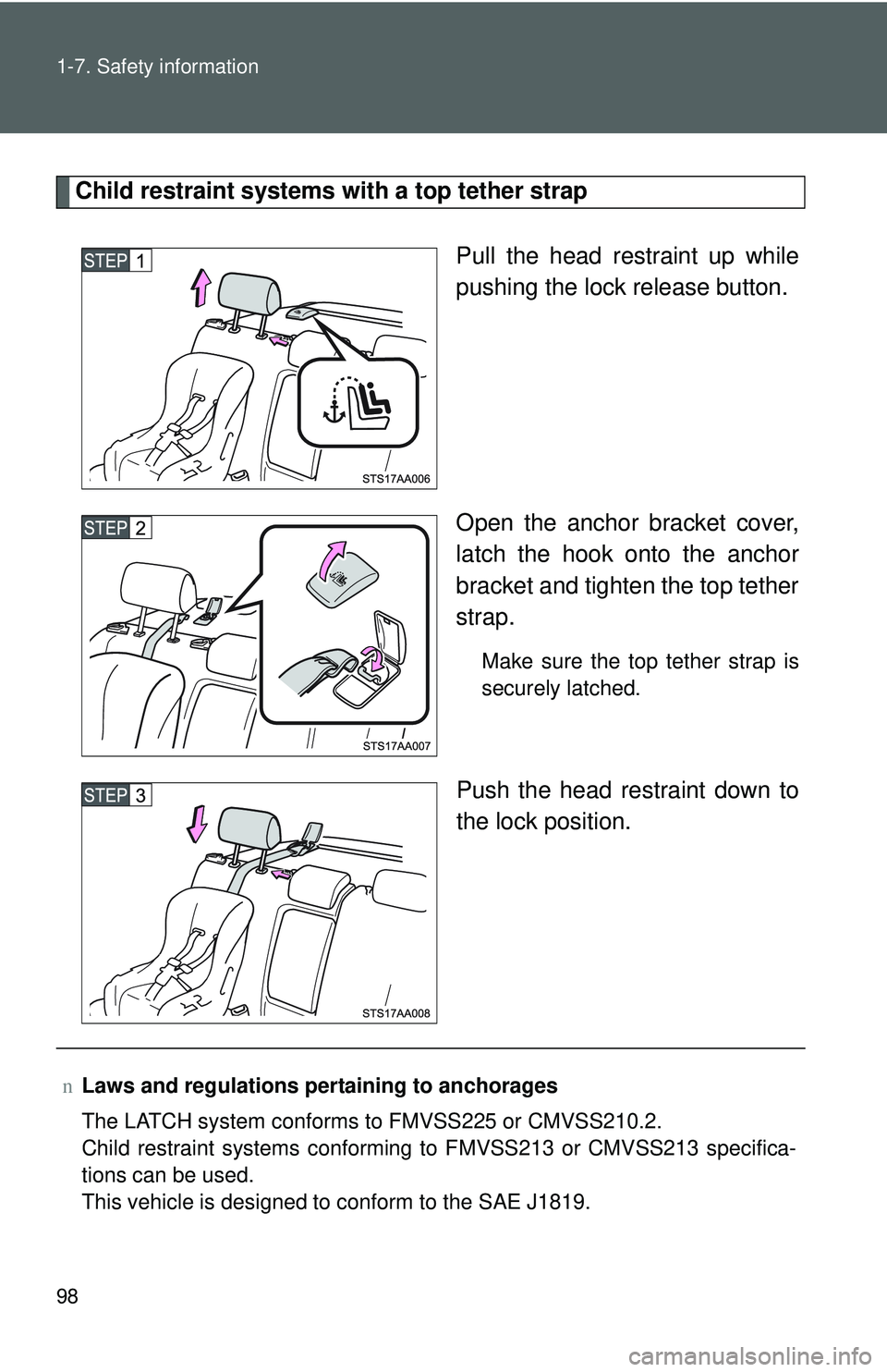 TOYOTA YARIS SEDAN 2011 Owners Manual 98 1-7. Safety information
Child restraint systems with a top tether strapPull the head restraint up while
pushing the lock release button.
Open the anchor bracket cover,
latch the hook onto the ancho TOYOTA YARIS SEDAN 2011 Owners Manual 98 1-7. Safety information
Child restraint systems with a top tether strapPull the head restraint up while
pushing the lock release button.
Open the anchor bracket cover,
latch the hook onto the ancho
