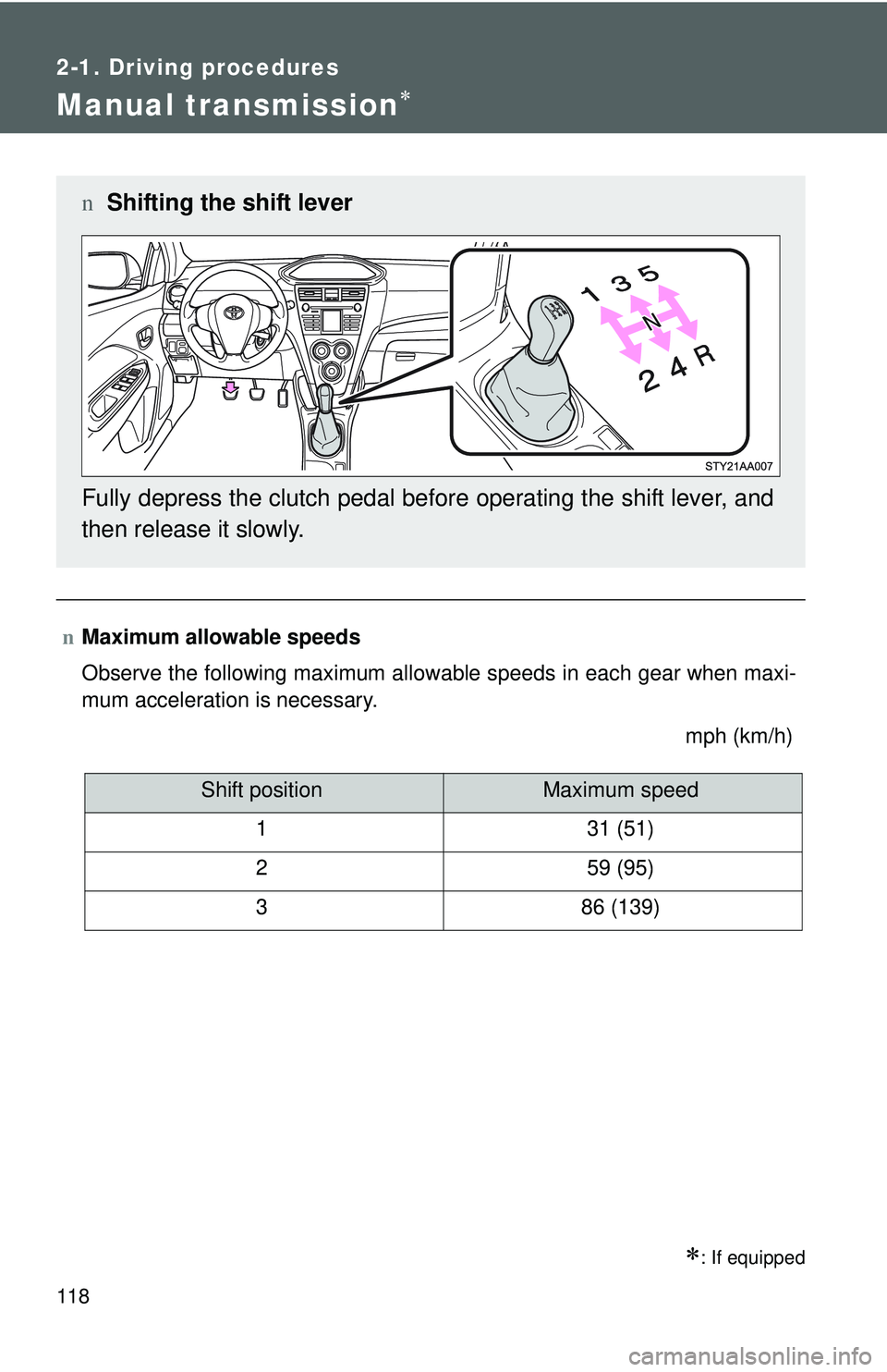 TOYOTA YARIS SEDAN 2011  Owners Manual 118
2-1. Driving procedures
Manual transmission∗
∗: If equipped
nMaximum allowable speeds
Observe the following maximum allowable speeds in each gear when maxi-
mum acceleration is necessary.
mph 