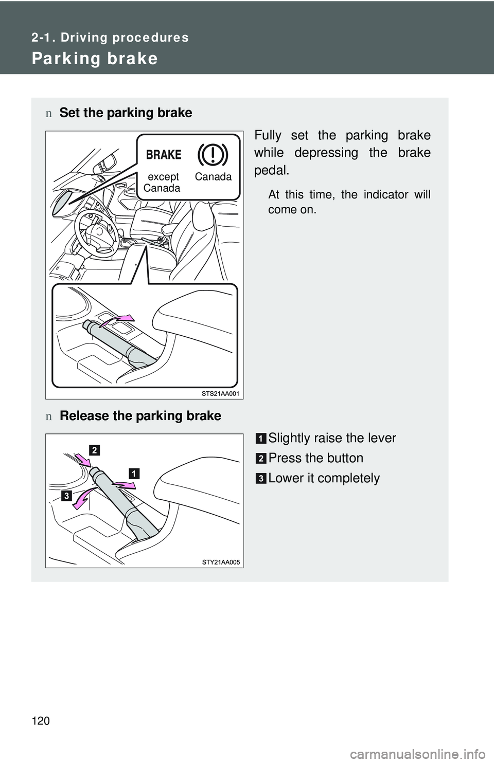 TOYOTA YARIS SEDAN 2011  Owners Manual 120
2-1. Driving procedures
Parking brake
nSet the parking brake
Fully set the parking brake
while depressing the brake
pedal.
At this time, the indicator will
come on.
nRelease the parking brake
Slig