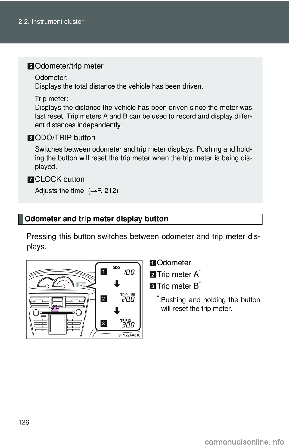 TOYOTA YARIS SEDAN 2011  Owners Manual 126 2-2. Instrument cluster
Odometer and trip meter display button 
Pressing this button switches between odometer and trip meter dis-
plays.
Odometer
Trip meter A
*
Trip meter B*
*:Pushing and holdin