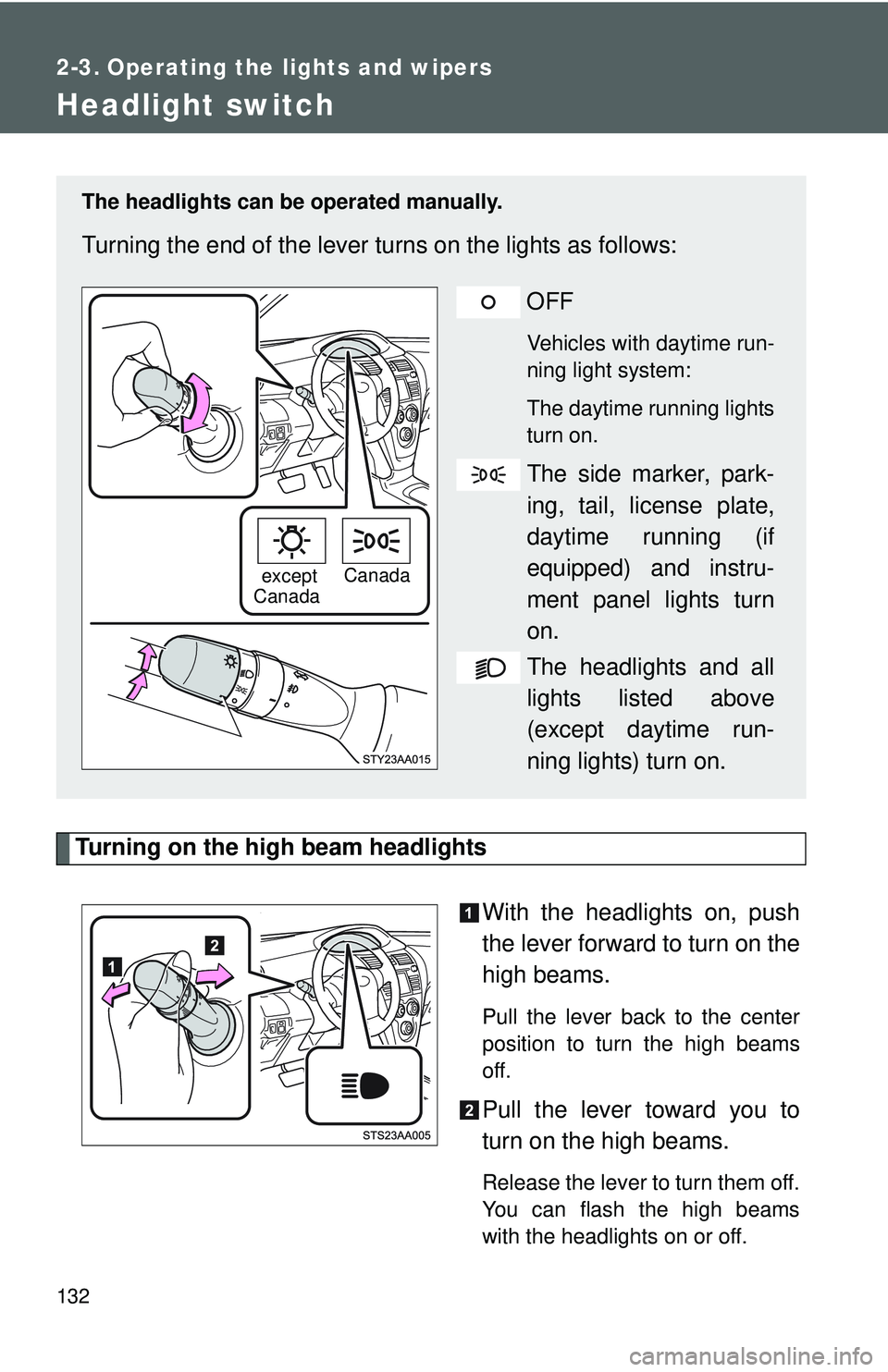 TOYOTA YARIS SEDAN 2011  Owners Manual 132
2-3. Operating the lights and wipers
Headlight switch
Turning on the high beam headlightsWith the headlights on, push
the lever forward to turn on the
high beams. 
Pull the lever back to the cente