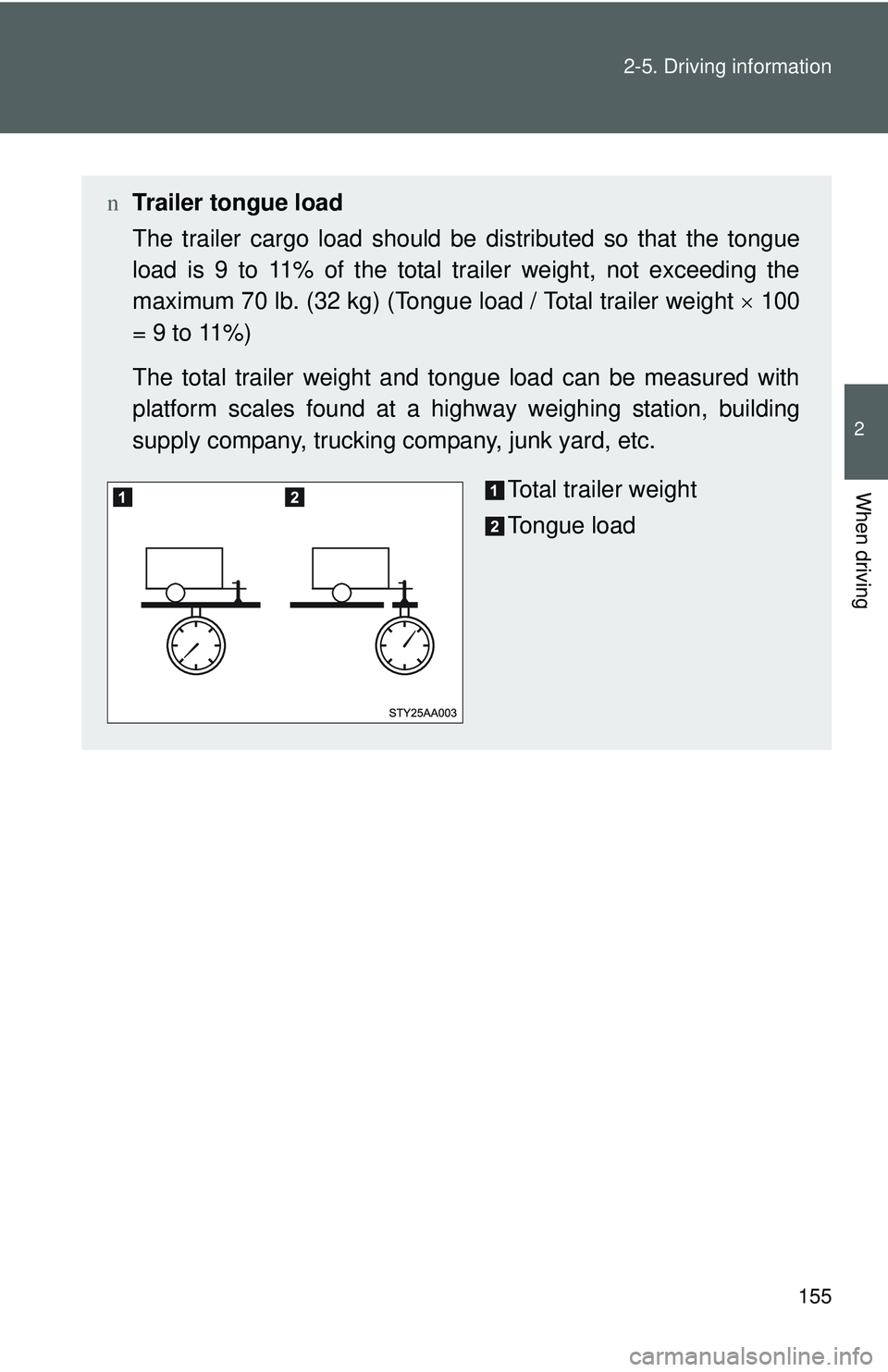TOYOTA YARIS SEDAN 2011  Owners Manual 155
2-5. Driving information
2
When driving
n
Trailer tongue load
The trailer cargo load should be  distributed so that the tongue
load is 9 to 11% of the total trailer weight, not exceeding the
maxim
