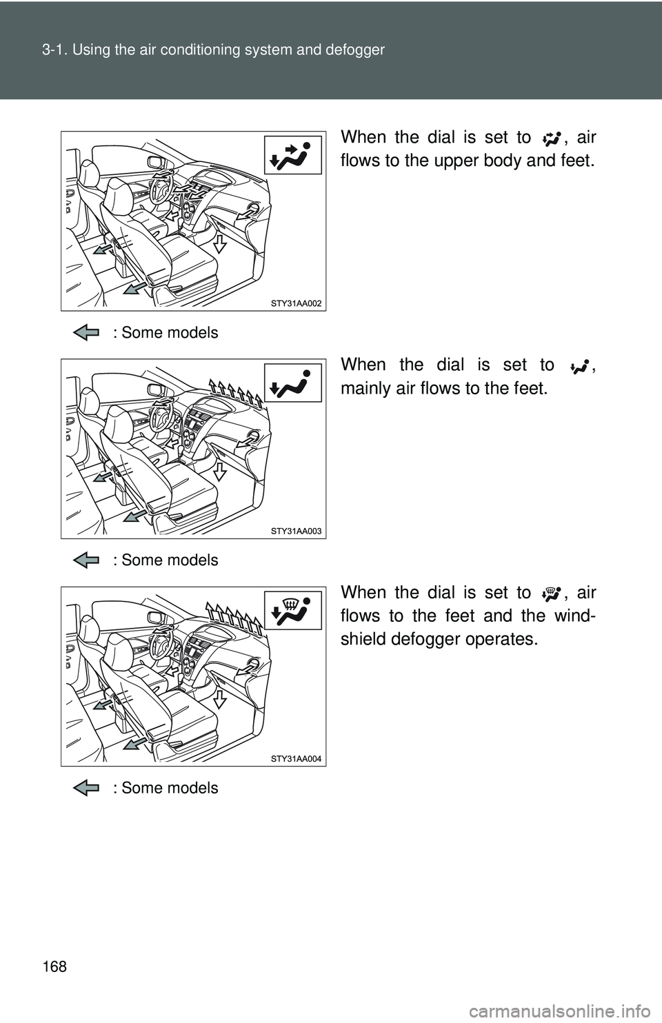TOYOTA YARIS SEDAN 2011  Owners Manual 168 3-1. Using the air conditioning system and defogger
When the dial is set to  , air
flows to the upper body and feet.
: Some models
When the dial is set to  ,
mainly air flows to the feet.
: Some m