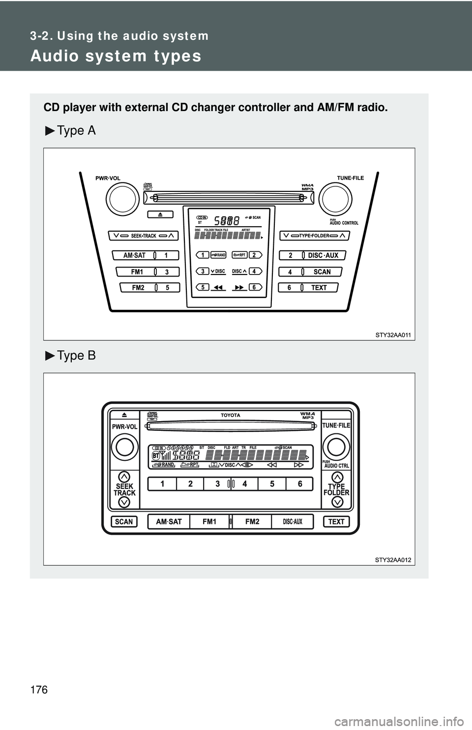 TOYOTA YARIS SEDAN 2011  Owners Manual 176
3-2. Using the audio system
Audio system types
CD player with external CD changer controller and AM/FM radio.
Ty p e  A
Ty p e  B 
