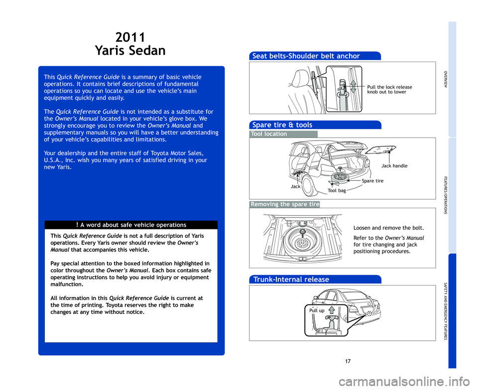 TOYOTA YARIS SEDAN 2011 Owners Manual OVE
\fE\bT
S\b\fE
EME
IND
*Vis
opt
2011
Yaris Sedan
!\bword about safevehicle operations
\bhis
Qu\f\bk Referen\be Gu\fdeis\fsumm\fry ofb\fsic vehicle
oper\ftions. Itcont\fins briefdescriptions offund\