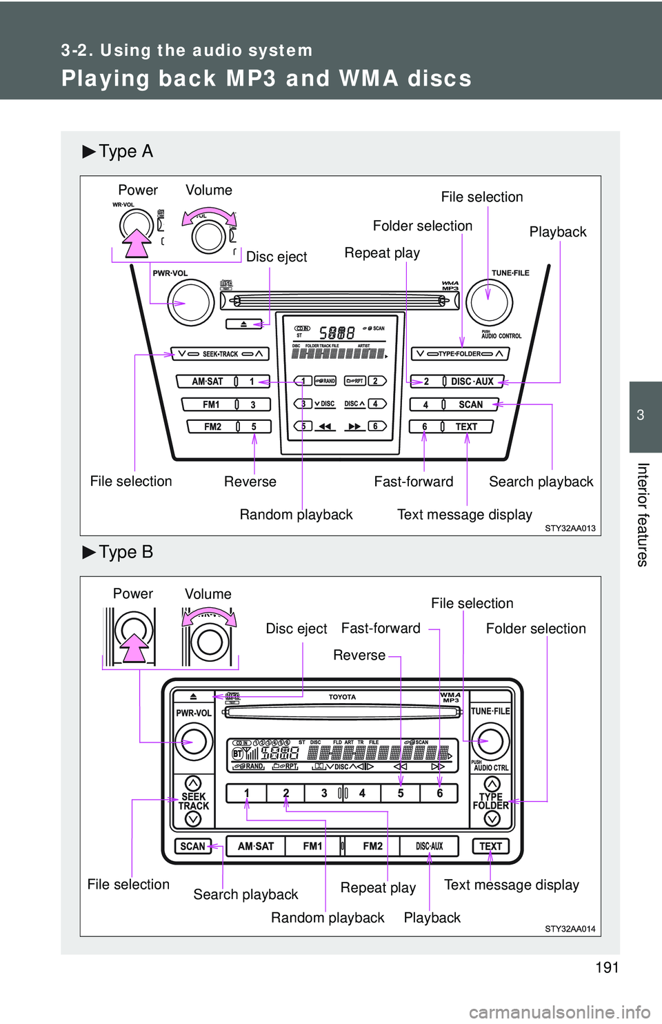 TOYOTA YARIS SEDAN 2011  Owners Manual 191
3-2. Using the audio system
3
Interior features
Playing back MP3 and WMA discs
Ty p e  A
Ty p e  B
Vo lu m eRandom playback
File selection File selection
Repeat play Playback
Power
Disc eject
Text