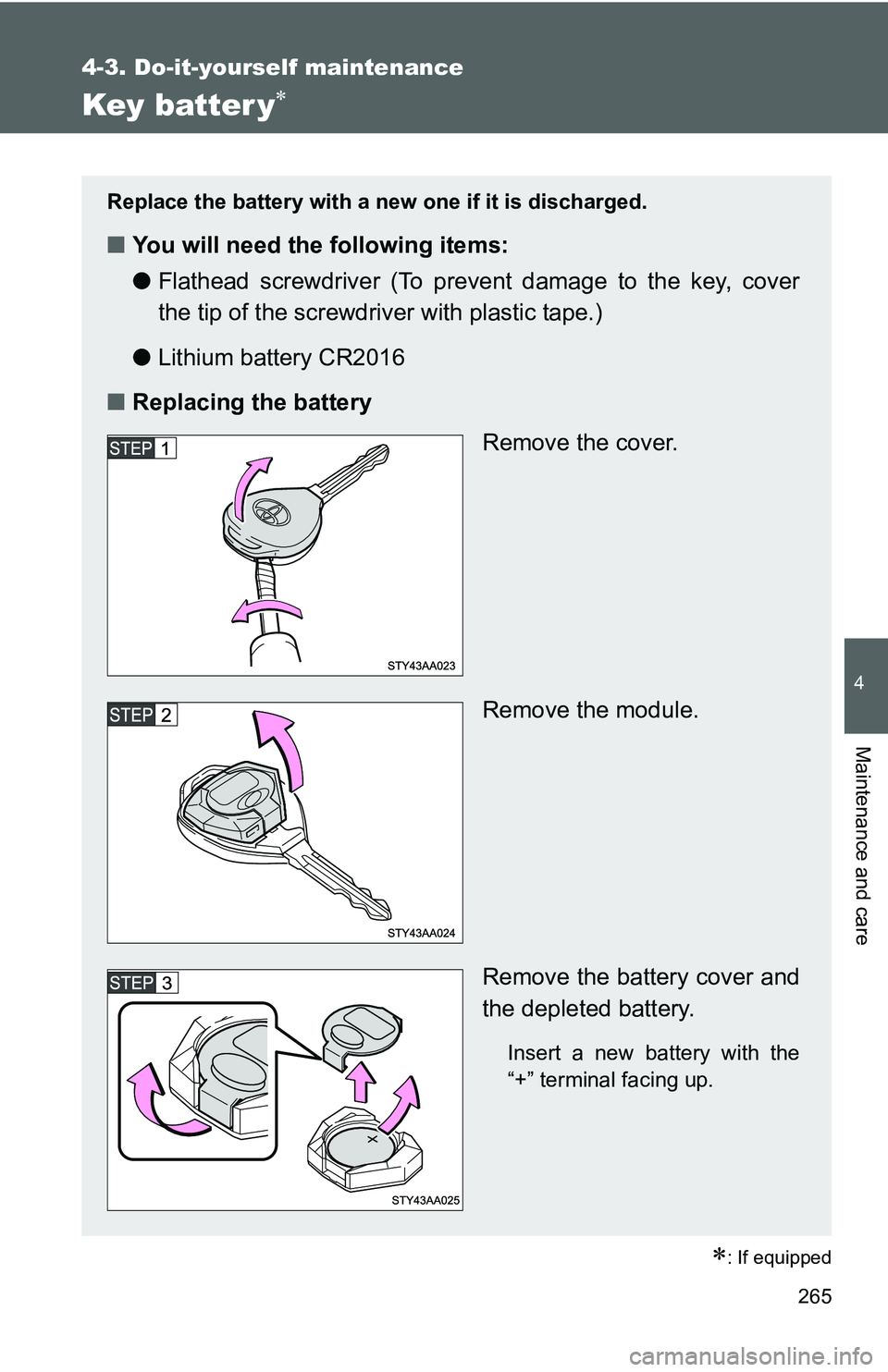 TOYOTA YARIS SEDAN 2011  Owners Manual 265
4-3. Do-it-yourself maintenance
4
Maintenance and care
Key batter y∗
∗: If equipped
Replace the battery with a new one if it is discharged.
■You will need the following items:
●Flathead sc