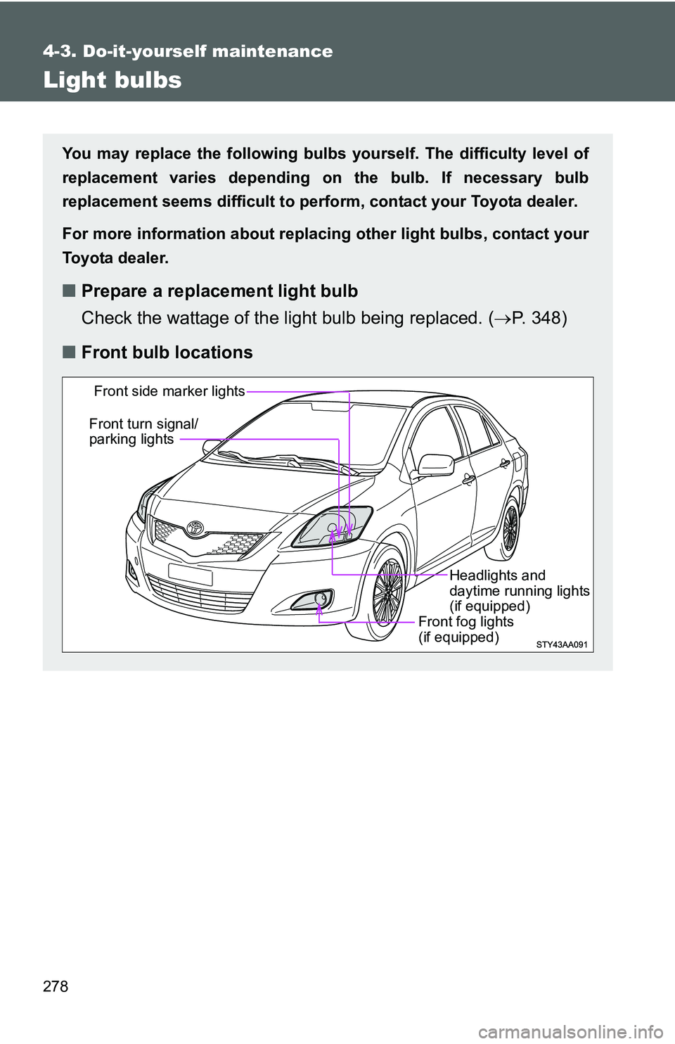 TOYOTA YARIS SEDAN 2011  Owners Manual 278
4-3. Do-it-yourself maintenance
Light bulbs
You may replace the following bulbs yourself. The difficulty level of
replacement varies depending on the bulb. If necessary bulb
replacement seems diff