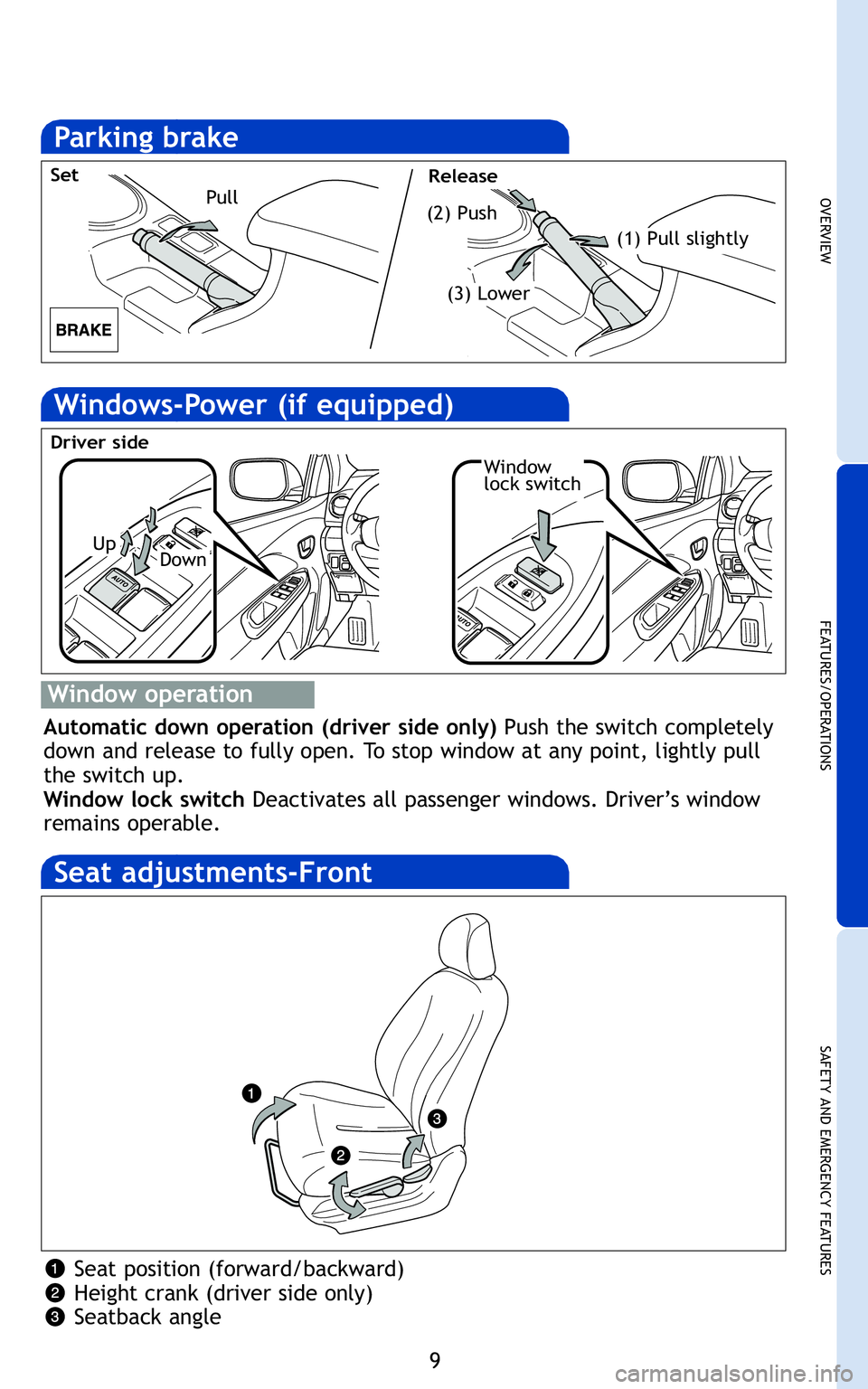 TOYOTA YARIS SEDAN 2011 Owners Manual 9
OVERVIEW
FEATURES/OPERATIONS
SAFETY AND EMERGENCY FEATURES
hift
ays
Seat position (forward/backward)
Height crank (driver side only)
Seatback angle
Window
lock switch
Up
Driver side
Down
Pull (\f) P