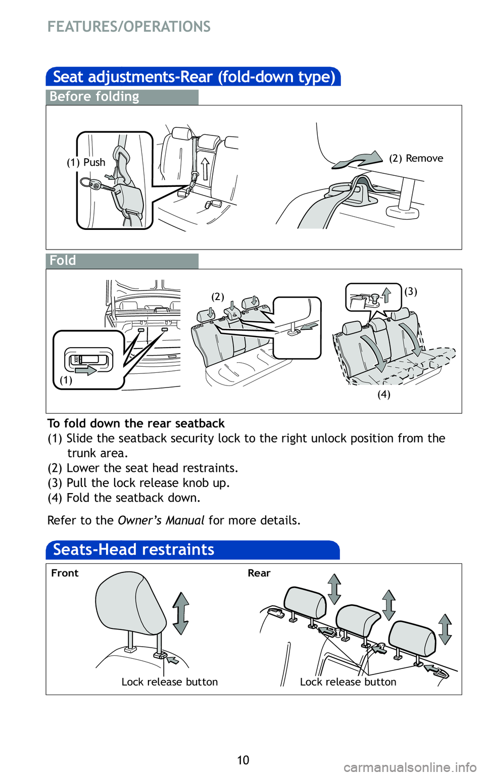 TOYOTA YARIS SEDAN 2011 Owners Guide 10
FEATURES/OPERATIONS
Lock release button
Front
To fold down the rear seatback
(1) Slide the seatback security lock to the right unlock position from thetrunk area\b
(\f) Lower the seat head restrain