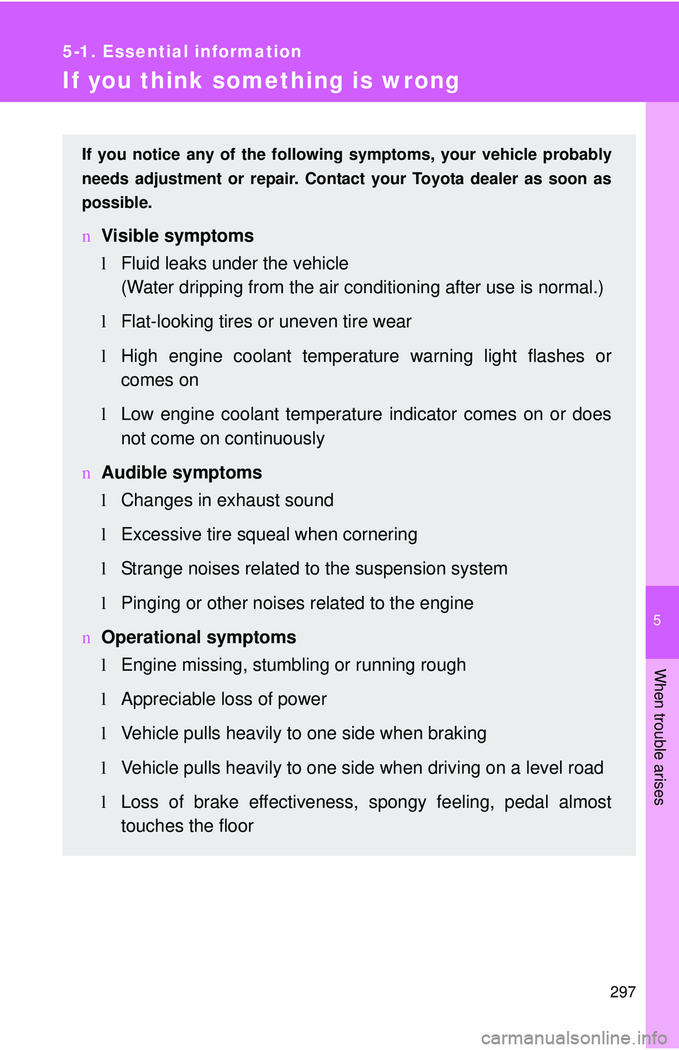 TOYOTA YARIS SEDAN 2011 Owners Manual 5
When trouble arises
297
5-1. Essential information
If you think something is wrong
If you notice any of the following symptoms, your vehicle probably
needs adjustment or repair. Contact your Toyota TOYOTA YARIS SEDAN 2011 Owners Manual 5
When trouble arises
297
5-1. Essential information
If you think something is wrong
If you notice any of the following symptoms, your vehicle probably
needs adjustment or repair. Contact your Toyota
