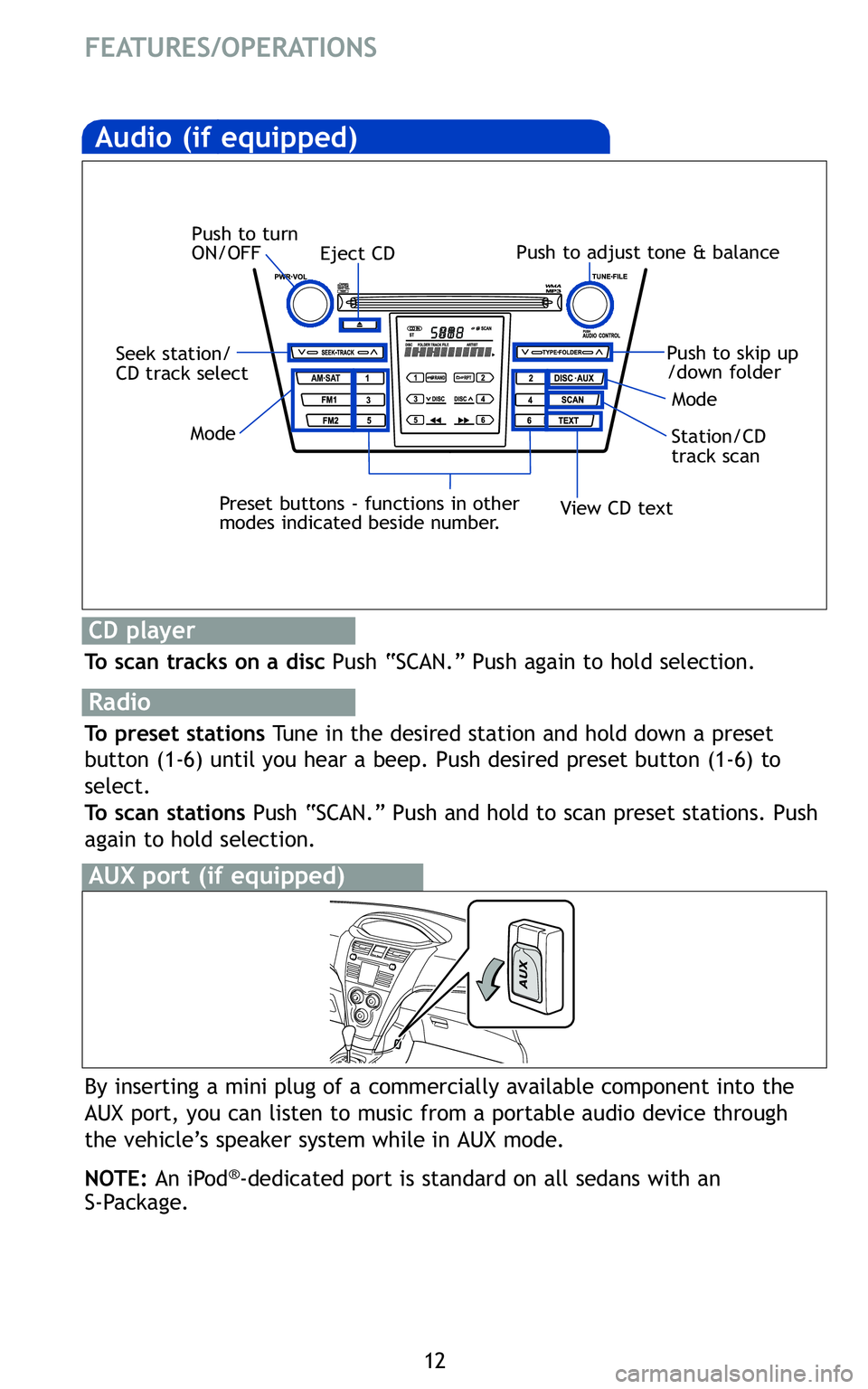 TOYOTA YARIS SEDAN 2011 Owners Guide 1\f
FEATURES/OPERATIONS
Audio(ifequipped)
Eject CD
Push
toturn
ON/OFF Push
toadjust tone&balance
Seek station/
CD track select
Station/CD
trackscan
Mode
Preset buttons �functions inother
modes indicat