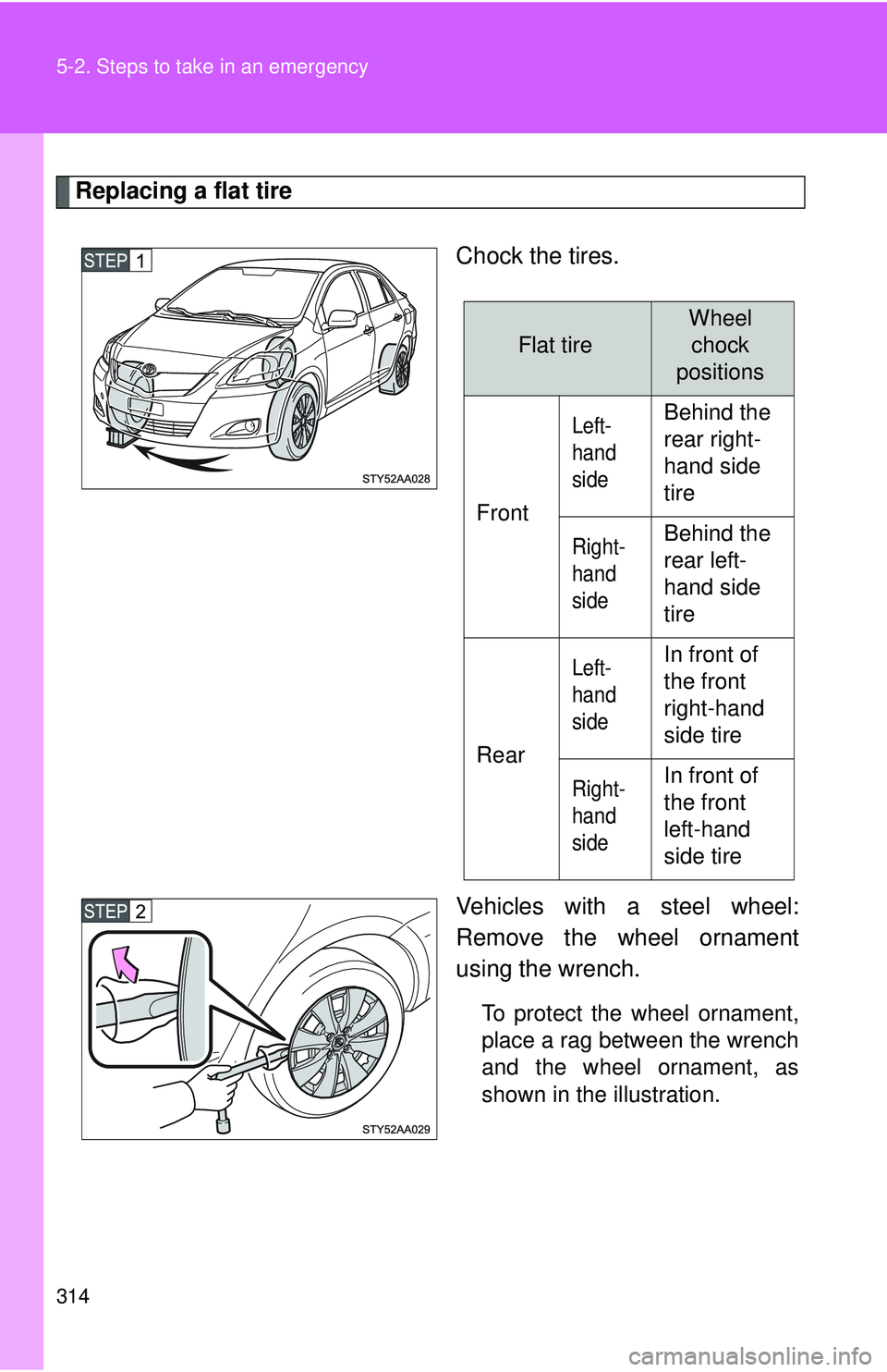 TOYOTA YARIS SEDAN 2011  Owners Manual 314 5-2. Steps to take in an emergency
Replacing a flat tireChock the tires.
Vehicles with a steel wheel:
Remove the wheel ornament
using the wrench.
To protect the wheel ornament,
place a rag between