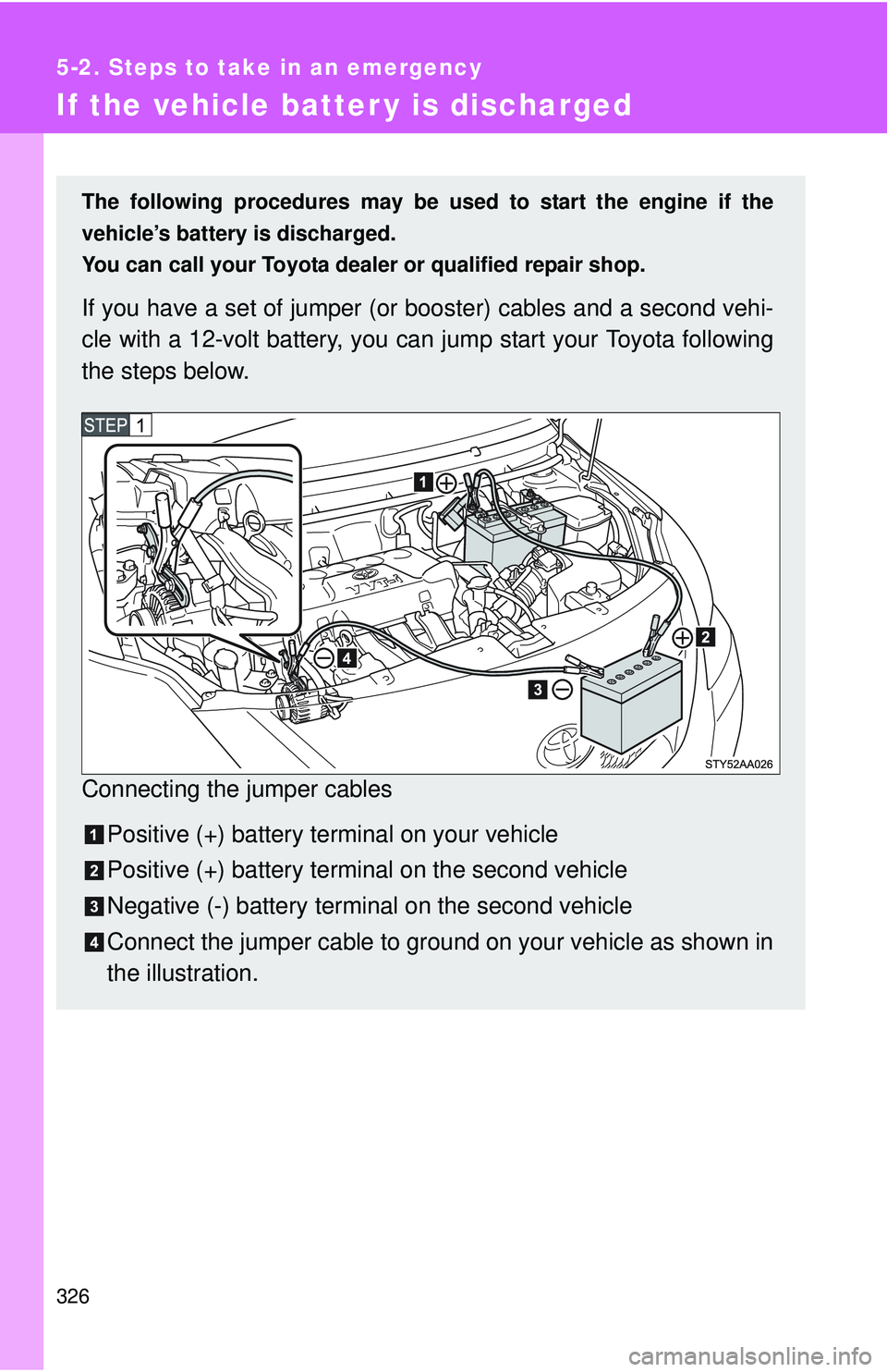 TOYOTA YARIS SEDAN 2011 Owners Manual 326
5-2. Steps to take in an emergency
If the vehicle batter y is discharged
The following procedures may be used to start the engine if the
vehicle’s battery is discharged.
You can call your Toyota TOYOTA YARIS SEDAN 2011 Owners Manual 326
5-2. Steps to take in an emergency
If the vehicle batter y is discharged
The following procedures may be used to start the engine if the
vehicle’s battery is discharged.
You can call your Toyota