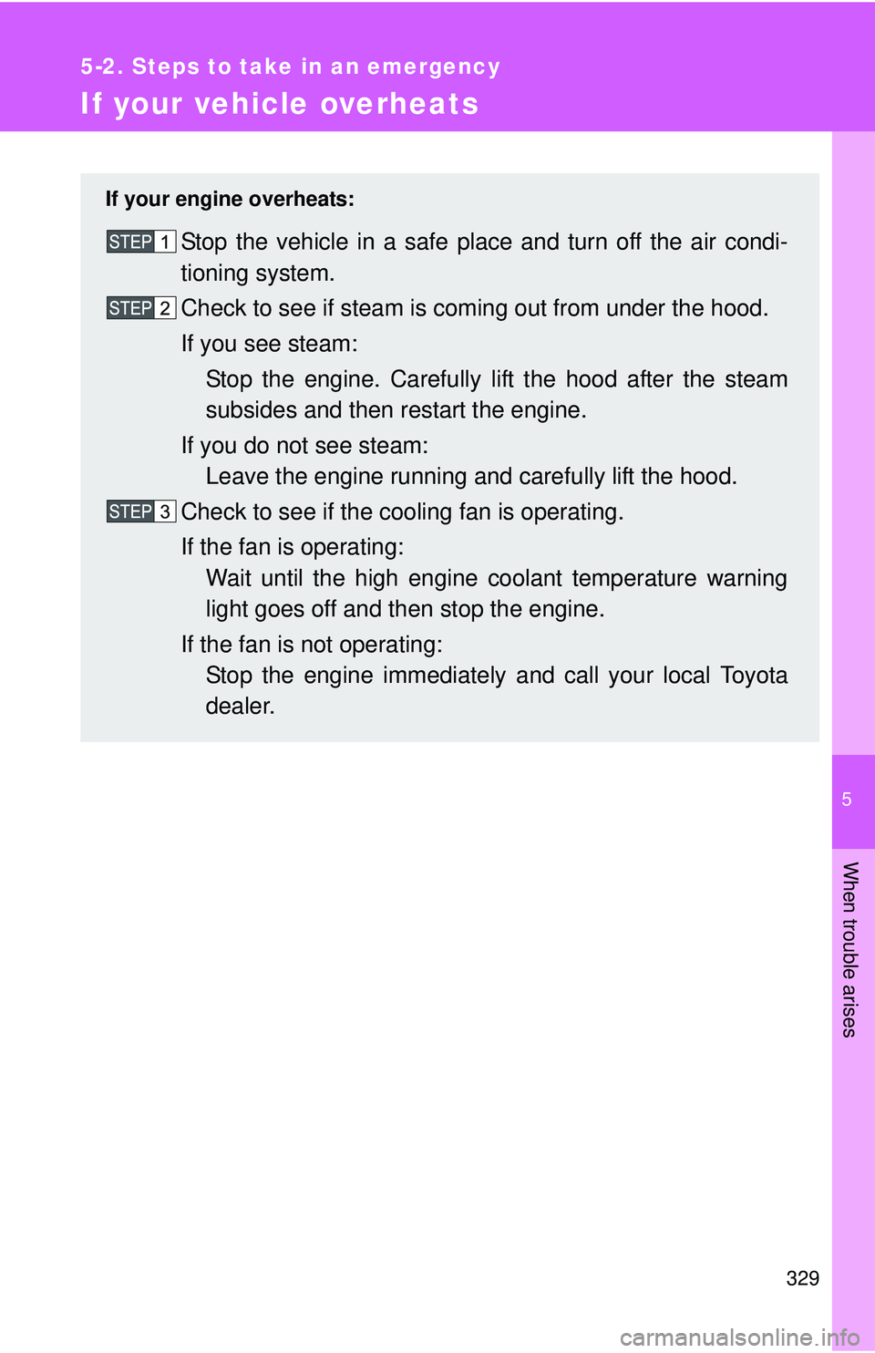 TOYOTA YARIS SEDAN 2011 Owners Manual 5
When trouble arises
329
5-2. Steps to take in an emergency
If your vehicle overheats
If your engine overheats:
Stop the vehicle in a safe place and turn off the air condi-
tioning system.
Check to s TOYOTA YARIS SEDAN 2011 Owners Manual 5
When trouble arises
329
5-2. Steps to take in an emergency
If your vehicle overheats
If your engine overheats:
Stop the vehicle in a safe place and turn off the air condi-
tioning system.
Check to s