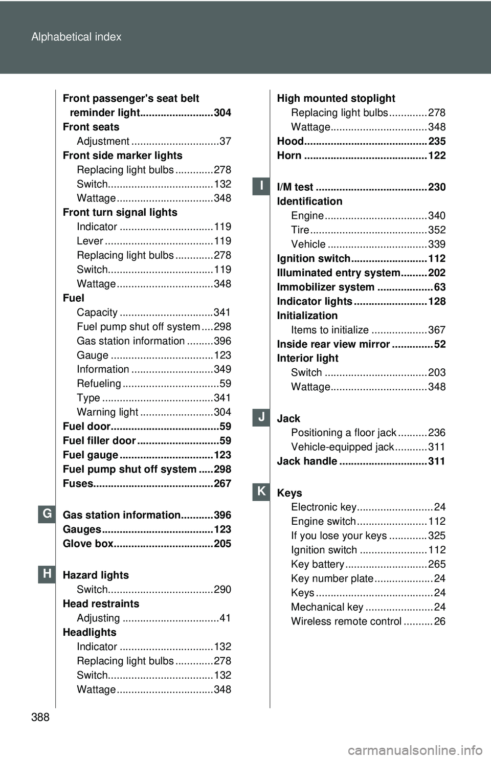 TOYOTA YARIS SEDAN 2011 Owners Manual 388 Alphabetical index
Front passengers seat belt reminder light......................... 304
Front seats Adjustment ..............................37
Front side marker lights
Replacing light bulbs .. TOYOTA YARIS SEDAN 2011 Owners Manual 388 Alphabetical index
Front passengers seat belt reminder light......................... 304
Front seats Adjustment ..............................37
Front side marker lights
Replacing light bulbs ..