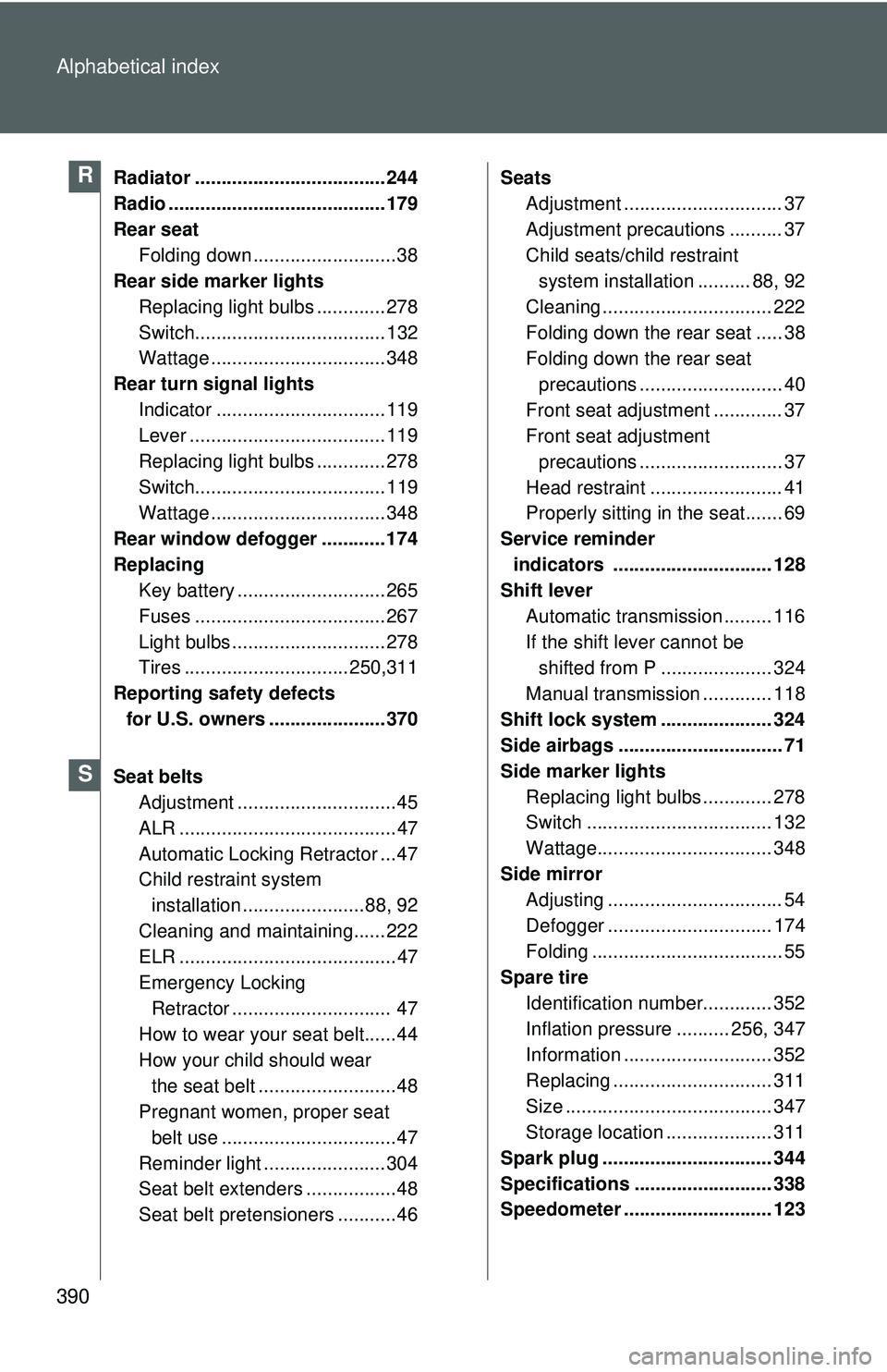 TOYOTA YARIS SEDAN 2011 Owners Manual 390 Alphabetical index
Radiator .................................... 244
Radio ......................................... 179
Rear seatFolding down ...........................38
Rear side marker lights TOYOTA YARIS SEDAN 2011 Owners Manual 390 Alphabetical index
Radiator .................................... 244
Radio ......................................... 179
Rear seatFolding down ...........................38
Rear side marker lights