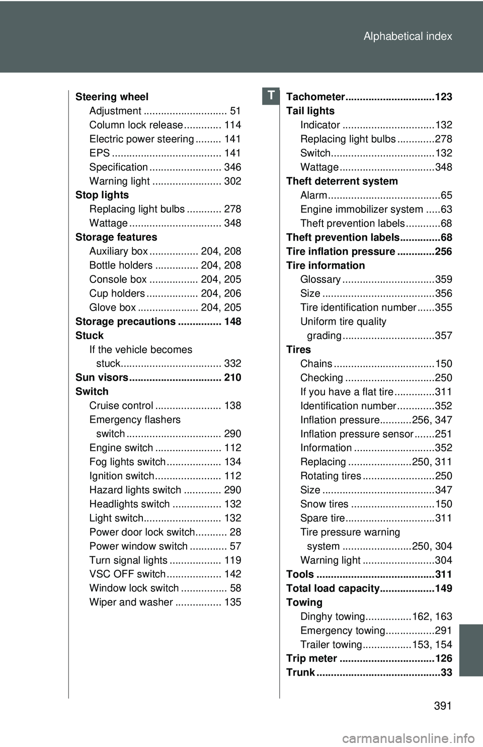 TOYOTA YARIS SEDAN 2011 Owners Manual 391
Alphabetical index
Steering wheel
Adjustment ............................. 51
Column lock release ............. 114
Electric power steering ......... 141
EPS ...................................... TOYOTA YARIS SEDAN 2011 Owners Manual 391
Alphabetical index
Steering wheel
Adjustment ............................. 51
Column lock release ............. 114
Electric power steering ......... 141
EPS ......................................