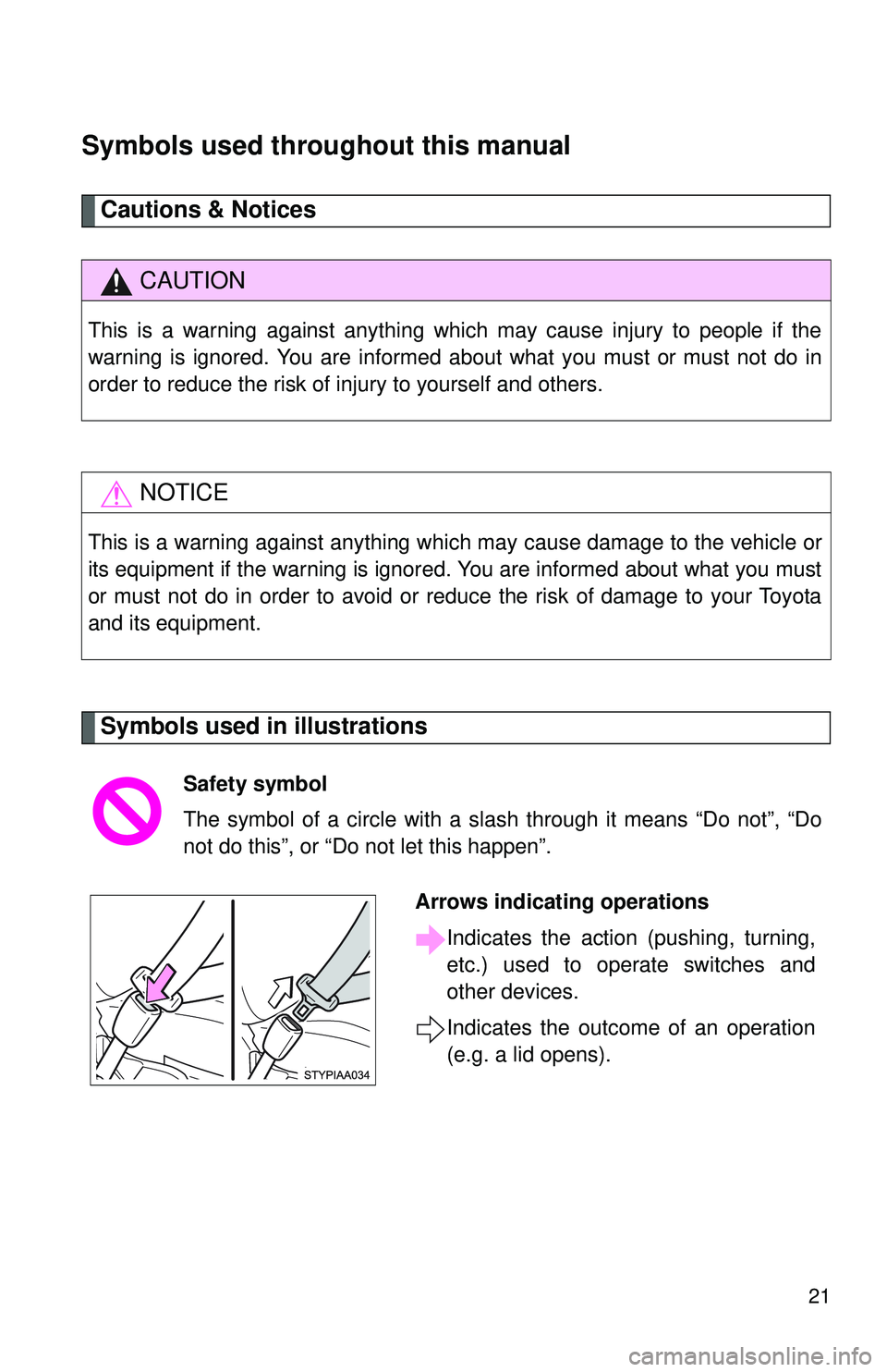 TOYOTA YARIS SEDAN 2011  Owners Manual 21
Symbols used throughout this manual
Cautions & Notices 
Symbols used in illustrations
CAUTION
This is a warning against anything which may cause injury to people if the
warning is ignored. You are 
