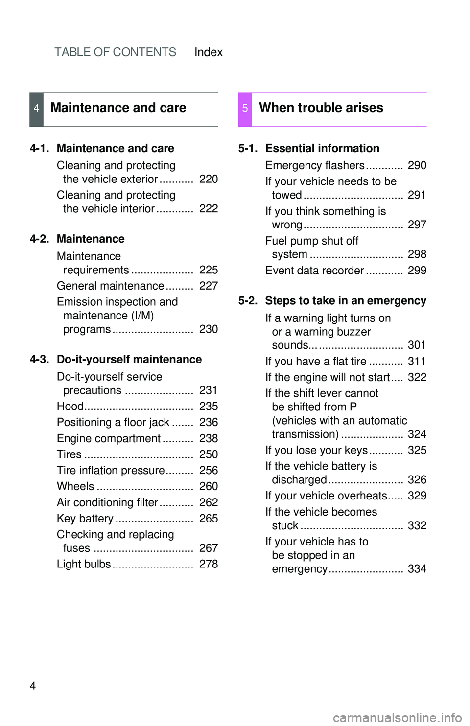 TOYOTA YARIS SEDAN 2011  Owners Manual TABLE OF CONTENTSIndex
4
4-1. Maintenance and careCleaning and protectingthe vehicle exterior ...........  220
Cleaning and protecting the vehicle interior ............  222
4-2. Maintenance Maintenan