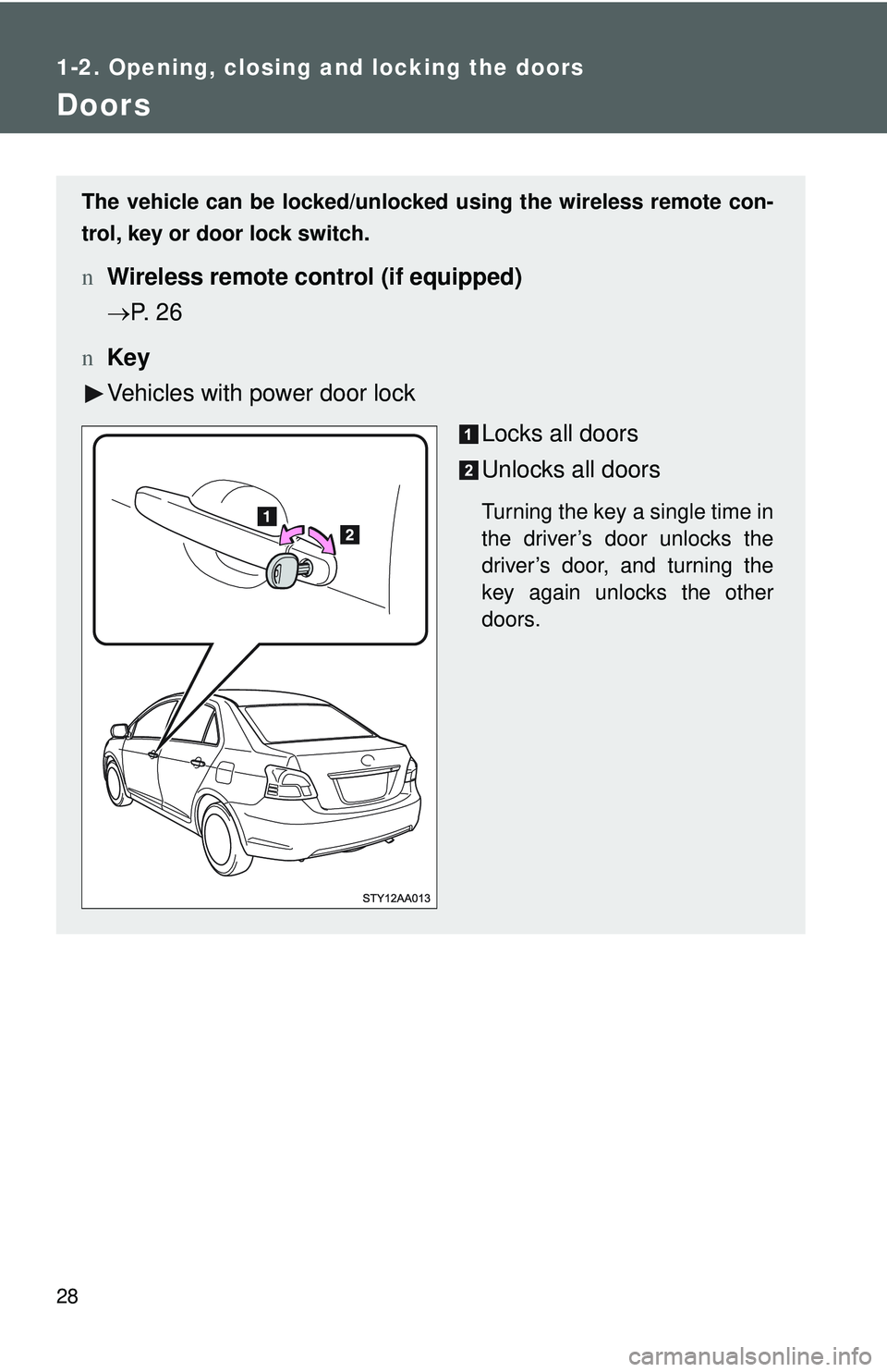 TOYOTA YARIS SEDAN 2011 Service Manual 28
1-2. Opening, closing and locking the doors
Doors
The vehicle can be locked/unlocked using the wireless remote con-
trol, key or door lock switch.
n Wireless remote control (if equipped)
→P.  2 6