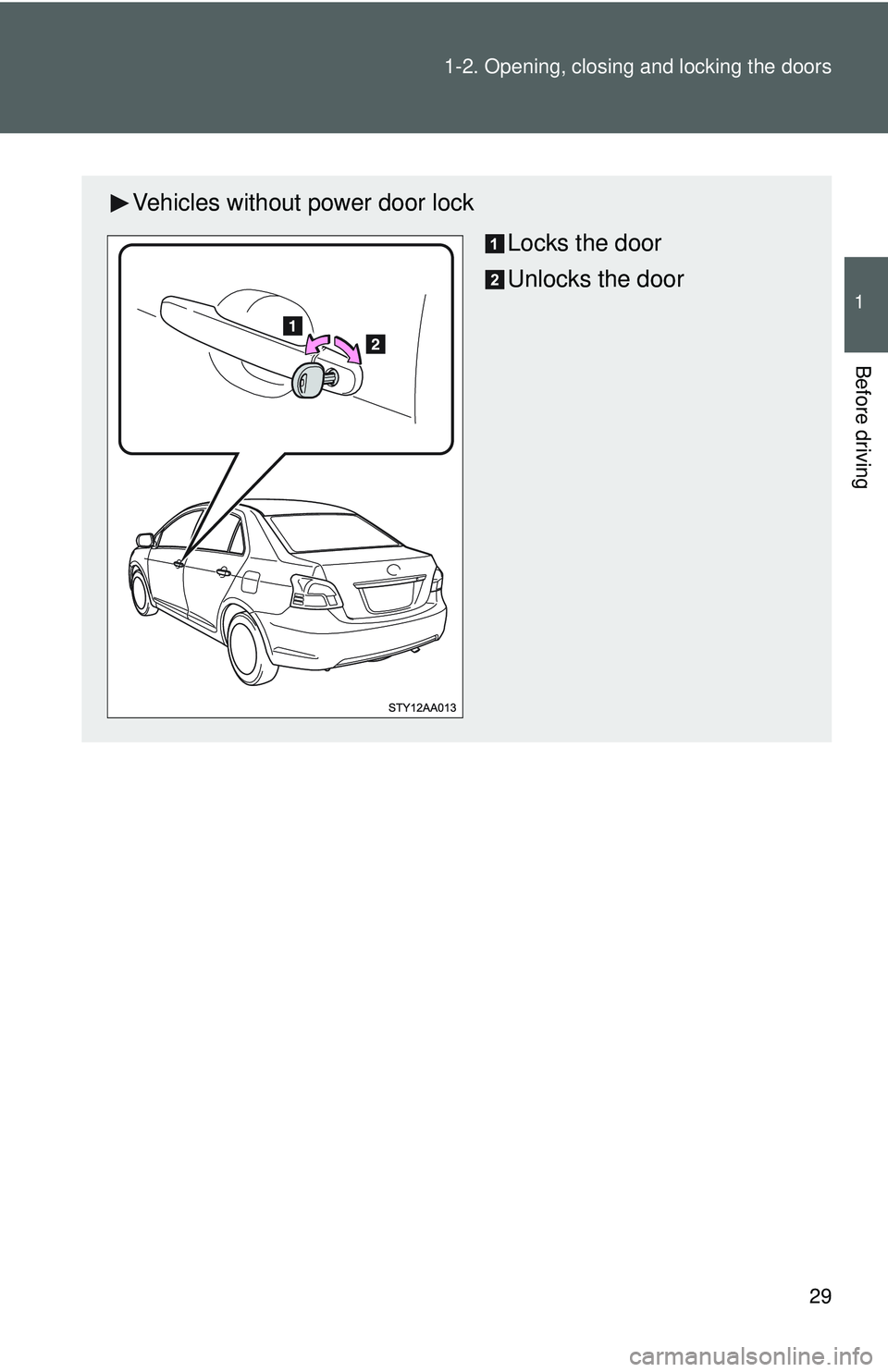 TOYOTA YARIS SEDAN 2011 Service Manual 29
1-2. Opening, closing and locking the doors
1
Before driving
Vehicles without power door lock
Locks the door
Unlocks the door 