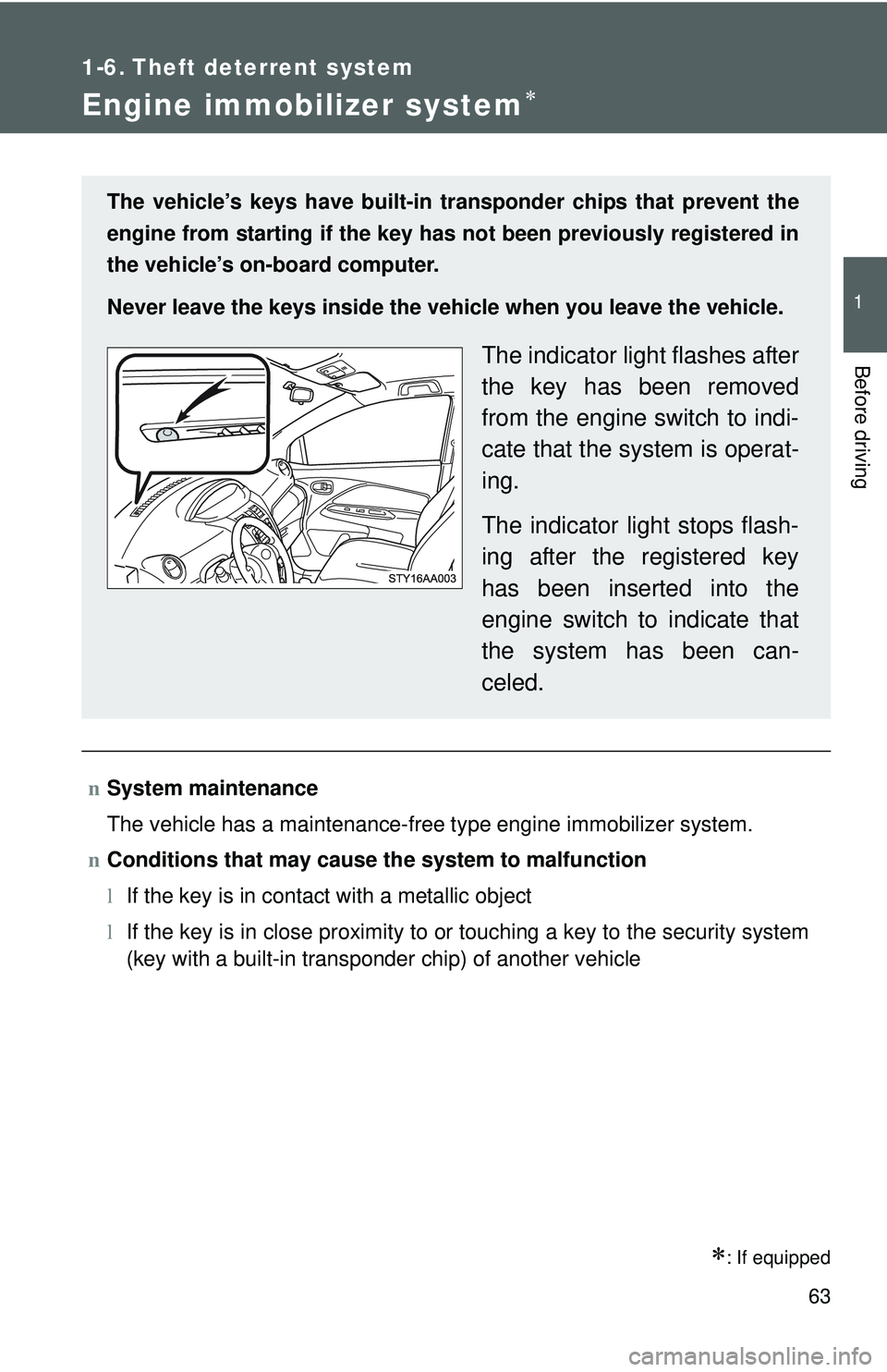 TOYOTA YARIS SEDAN 2011 Manual PDF 63
1
Before driving
1-6. Theft deterrent system
Engine immobilizer system∗
∗: If equipped
nSystem maintenance
The vehicle has a maintenance-free type engine immobilizer system.
n Conditions that m
