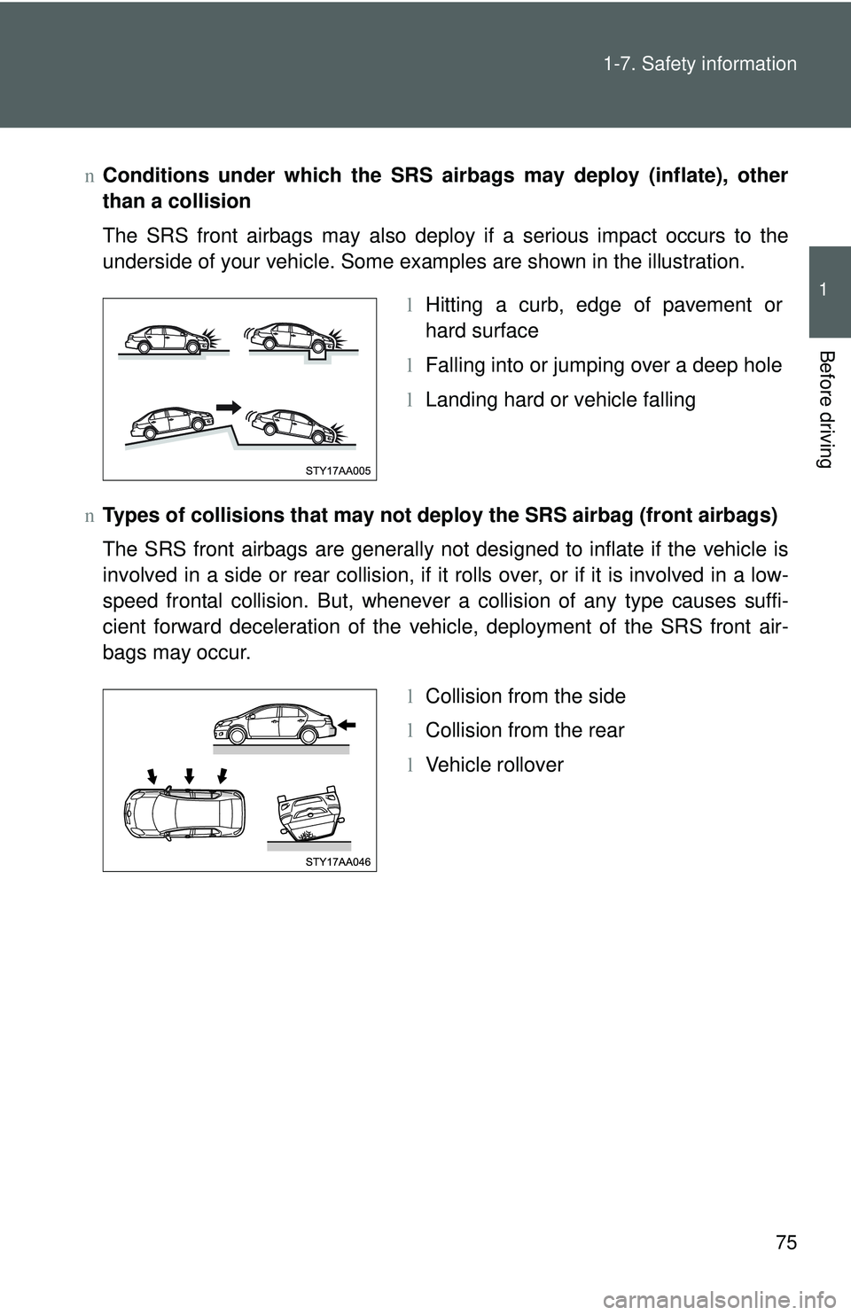 TOYOTA YARIS SEDAN 2011 Manual Online 75
1-7. Safety information
1
Before driving
n
Conditions under which the SRS airbags may deploy (inflate), other
than a collision
The SRS front airbags may also deploy if a serious impact occurs to th TOYOTA YARIS SEDAN 2011 Manual Online 75
1-7. Safety information
1
Before driving
n
Conditions under which the SRS airbags may deploy (inflate), other
than a collision
The SRS front airbags may also deploy if a serious impact occurs to th