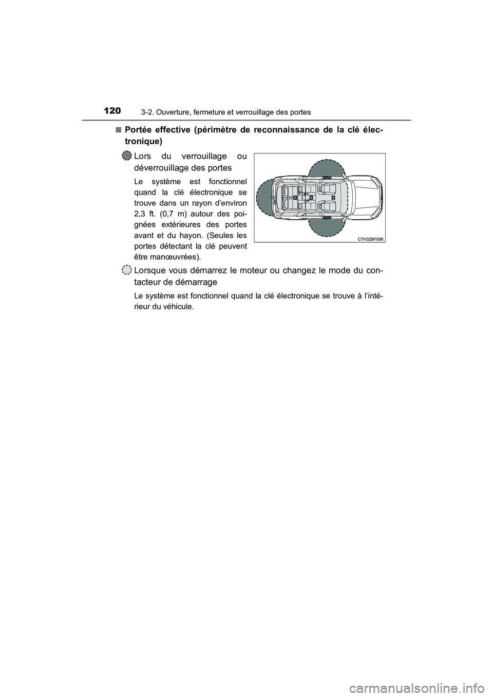 TOYOTA 4RUNNER 2018 Manuel du propriétaire (in French) 1203-2. Ouverture, fermeture et verrouillage des portes
4RUNNER (D)_(OM35B46D)■
Portée effective (périmètre de reconnaissance de la clé élec-
tronique)
Lors du verrouillage ou
déverrouillage d TOYOTA 4RUNNER 2018 Manuel du propriétaire (in French) 1203-2. Ouverture, fermeture et verrouillage des portes
4RUNNER (D)_(OM35B46D)■
Portée effective (périmètre de reconnaissance de la clé élec-
tronique)
Lors du verrouillage ou
déverrouillage d