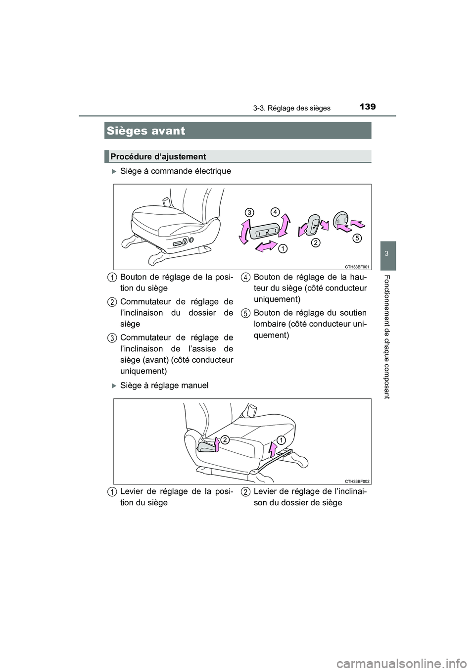 TOYOTA 4RUNNER 2018  Manuel du propriétaire (in French) 139
3
Fonctionnement de chaque composant
4RUNNER (D)_(OM35B46D)
3-3. Réglage des sièges
�XSiège à commande électrique
�XSiège à réglage manuel
Sièges avant
Procédure d’ajustement
Bouton de