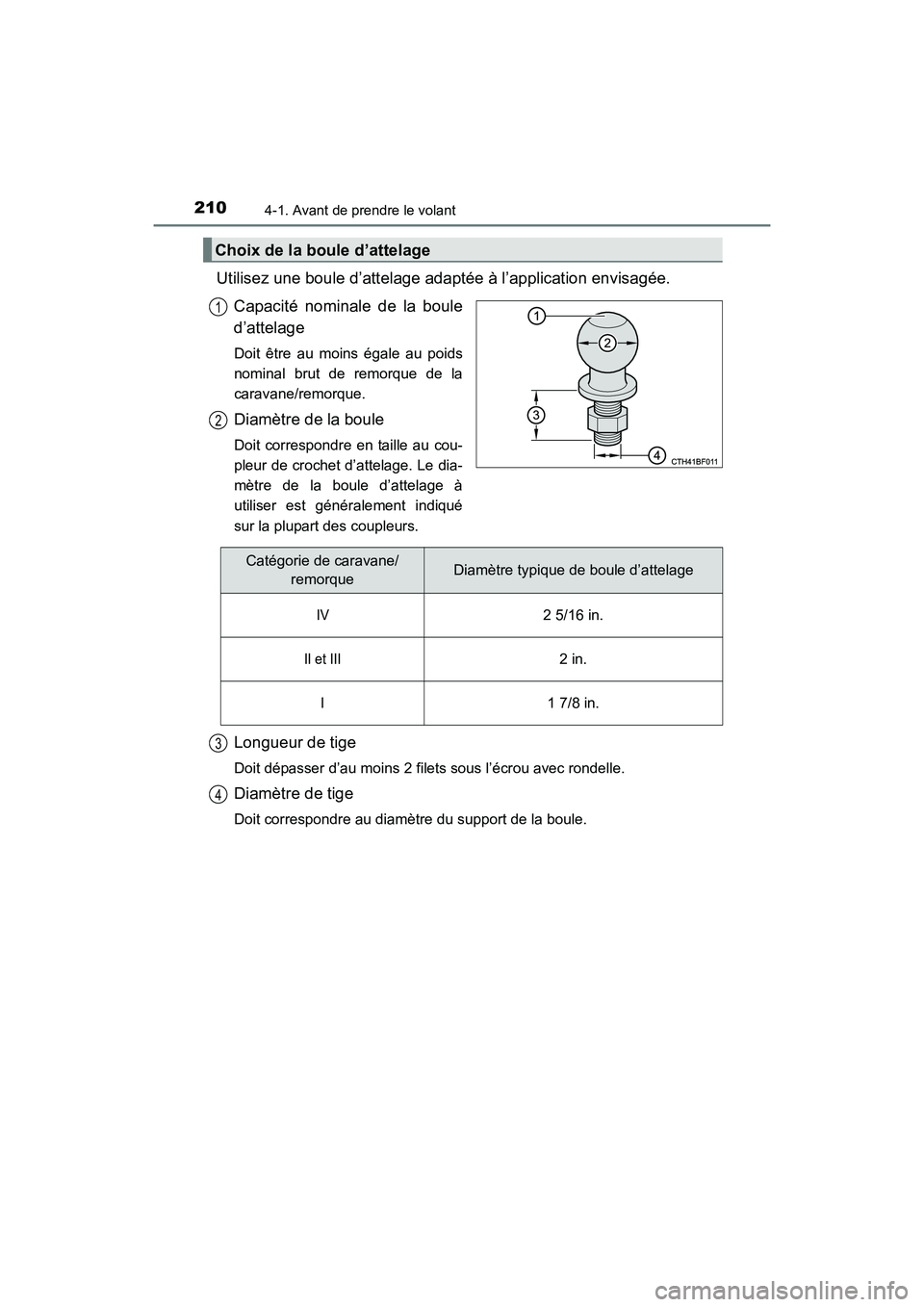 TOYOTA 4RUNNER 2018 Manuel du propriétaire (in French) 2104-1. Avant de prendre le volant
4RUNNER (D)_(OM35B46D)
Utilisez une boule d’attelage adaptée à l’application envisagée.Capacité nominale de la boule
d’attelage
Doit être au moins égale TOYOTA 4RUNNER 2018 Manuel du propriétaire (in French) 2104-1. Avant de prendre le volant
4RUNNER (D)_(OM35B46D)
Utilisez une boule d’attelage adaptée à l’application envisagée.Capacité nominale de la boule
d’attelage
Doit être au moins égale