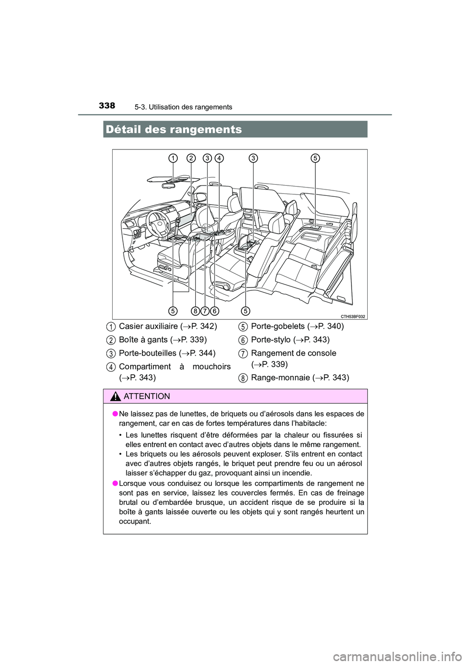 TOYOTA 4RUNNER 2018  Manuel du propriétaire (in French) 338
4RUNNER (D)_(OM35B46D)
5-3. Utilisation des rangements
Détail des rangements
Casier auxiliaire (→P. 342)
Boîte à gants ( →P. 339)
Porte-bouteilles ( →P. 344)
Compartiment à mouchoirs
(