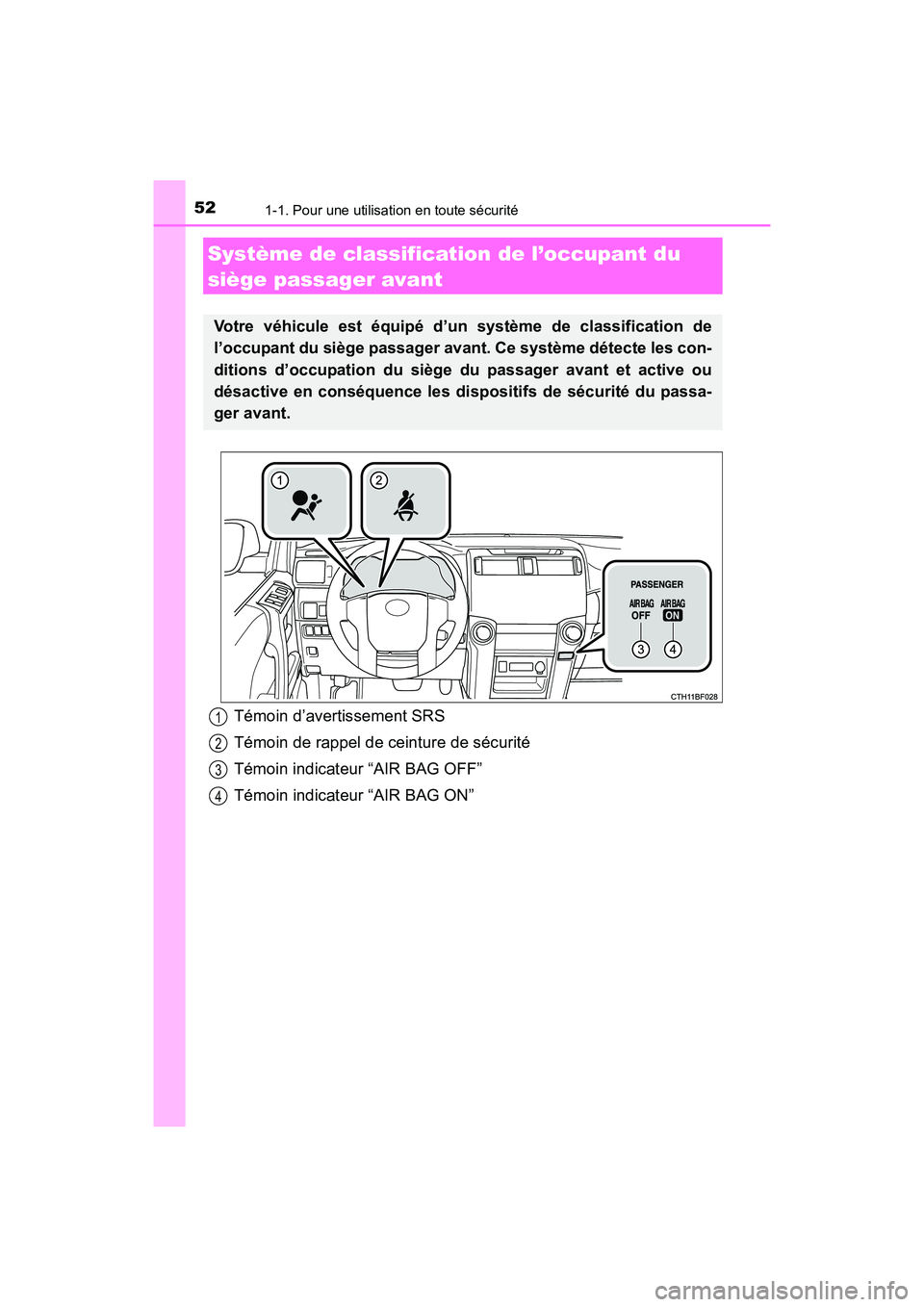 TOYOTA 4RUNNER 2018 Manuel du propriétaire (in French) 521-1. Pour une utilisation en toute sécurité
4RUNNER (D)_(OM35B46D)
Système de classification de l’occupant du
siège passager avant
Votre véhicule est équipé d’un système de classificati TOYOTA 4RUNNER 2018 Manuel du propriétaire (in French) 521-1. Pour une utilisation en toute sécurité
4RUNNER (D)_(OM35B46D)
Système de classification de l’occupant du
siège passager avant
Votre véhicule est équipé d’un système de classificati