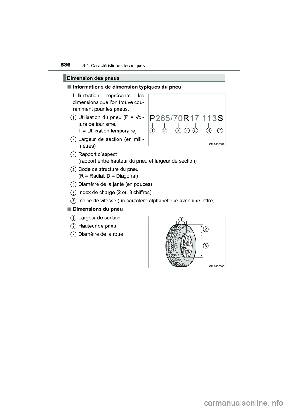 TOYOTA 4RUNNER 2018 Manuel du propriétaire (in French) 5368-1. Caractéristiques techniques
4RUNNER (D)_(OM35B46D)■
Informations de dimension typiques du pneu
L’illustration représente les
dimensions que l’on trouve cou-
ramment pour les pneus.
Uti TOYOTA 4RUNNER 2018 Manuel du propriétaire (in French) 5368-1. Caractéristiques techniques
4RUNNER (D)_(OM35B46D)■
Informations de dimension typiques du pneu
L’illustration représente les
dimensions que l’on trouve cou-
ramment pour les pneus.
Uti