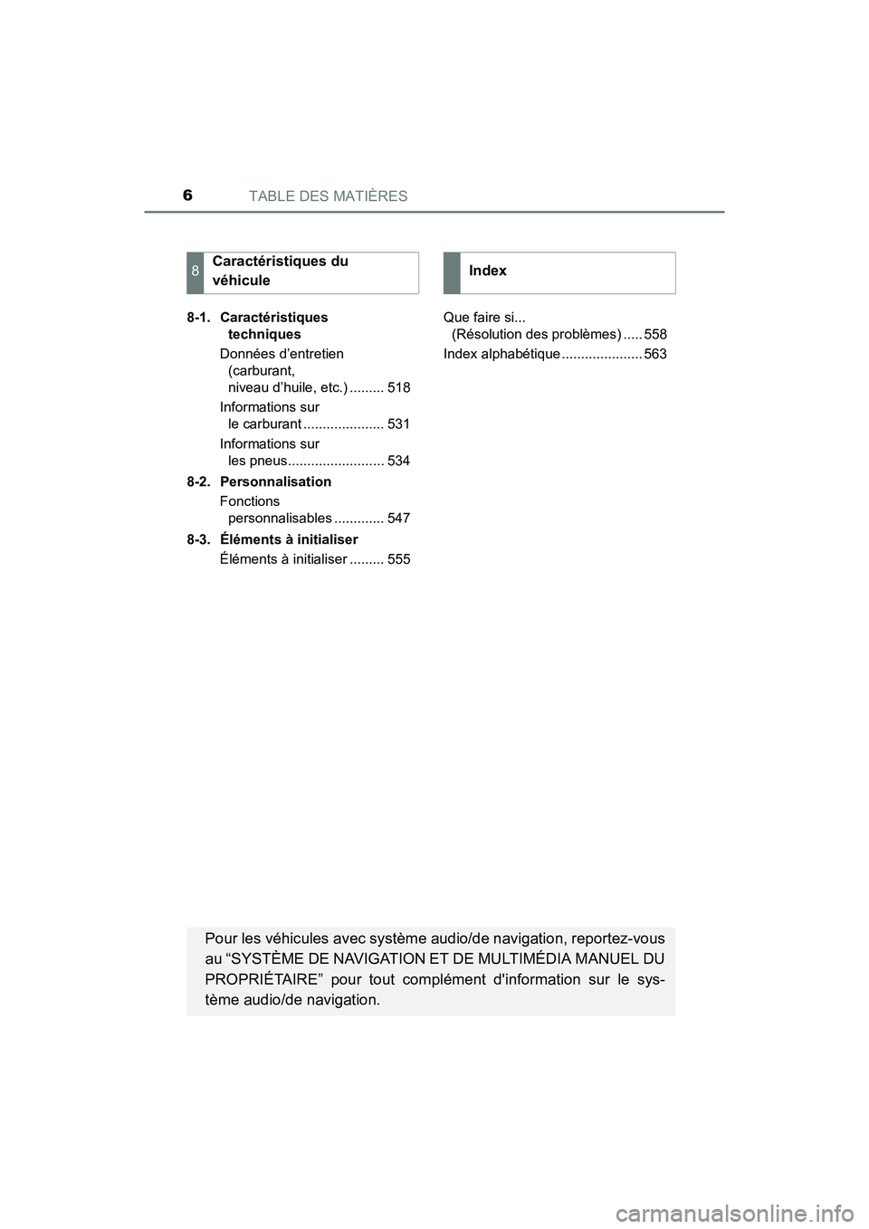 TOYOTA 4RUNNER 2018 Manuel du propriétaire (in French) TABLE DES MATIÈRES6
4RUNNER (D)_(OM35B46D)8-1. Caractéristiques
techniques
Données d’entretien (carburant,
niveau d’huile, etc.) ......... 518
Informations sur le carburant ................ TOYOTA 4RUNNER 2018 Manuel du propriétaire (in French) TABLE DES MATIÈRES6
4RUNNER (D)_(OM35B46D)8-1. Caractéristiques
techniques
Données d’entretien (carburant,
niveau d’huile, etc.) ......... 518
Informations sur le carburant ................