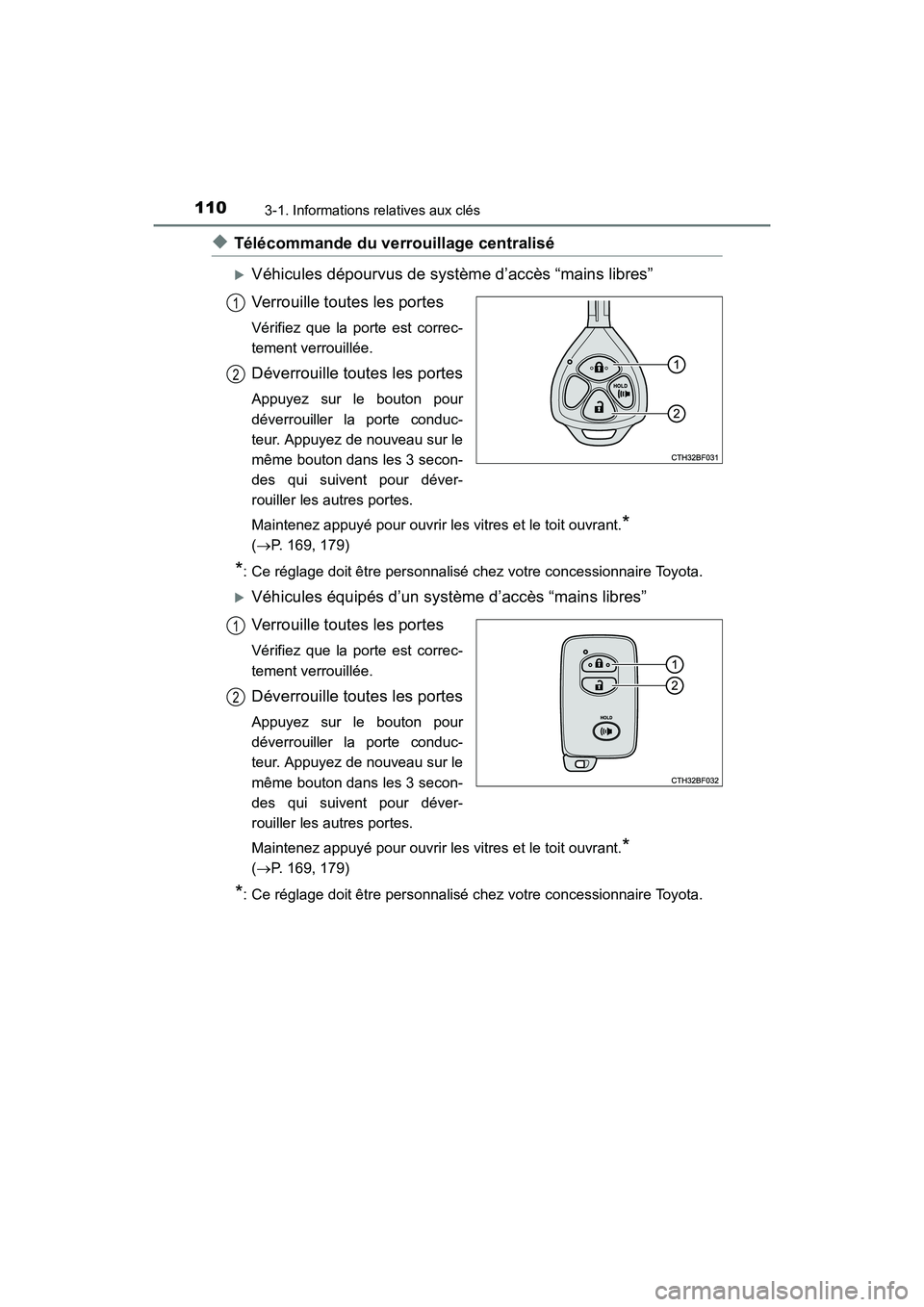 TOYOTA 4RUNNER 2017  Manuel du propriétaire (in French) 1103-1. Informations relatives aux clés
4RUNNER (D)_(OM35B37D)
◆Télécommande du verrouillage centralisé
�XVéhicules dépourvus de système d’accès “mains libres”
Verrouille toutes les po