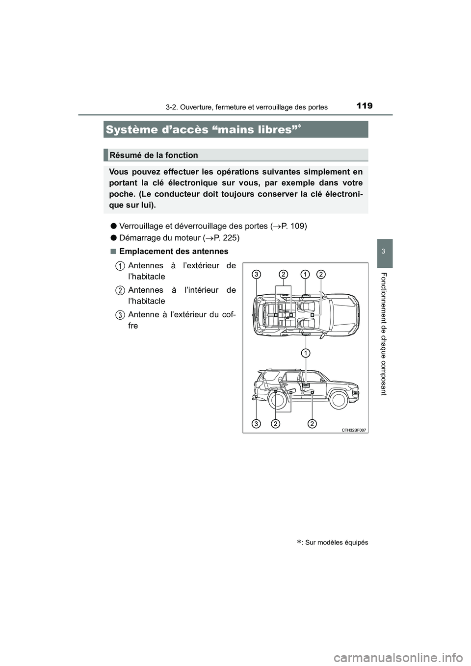 TOYOTA 4RUNNER 2017 Manuel du propriétaire (in French) 119
3
Fonctionnement de chaque composant
4RUNNER (D)_(OM35B37D)
3-2. Ouverture, fermeture et verrouillage des portes
●Verrouillage et déverrouillage des portes ( →P. 109)
● Démarrage du moteur TOYOTA 4RUNNER 2017 Manuel du propriétaire (in French) 119
3
Fonctionnement de chaque composant
4RUNNER (D)_(OM35B37D)
3-2. Ouverture, fermeture et verrouillage des portes
●Verrouillage et déverrouillage des portes ( →P. 109)
● Démarrage du moteur