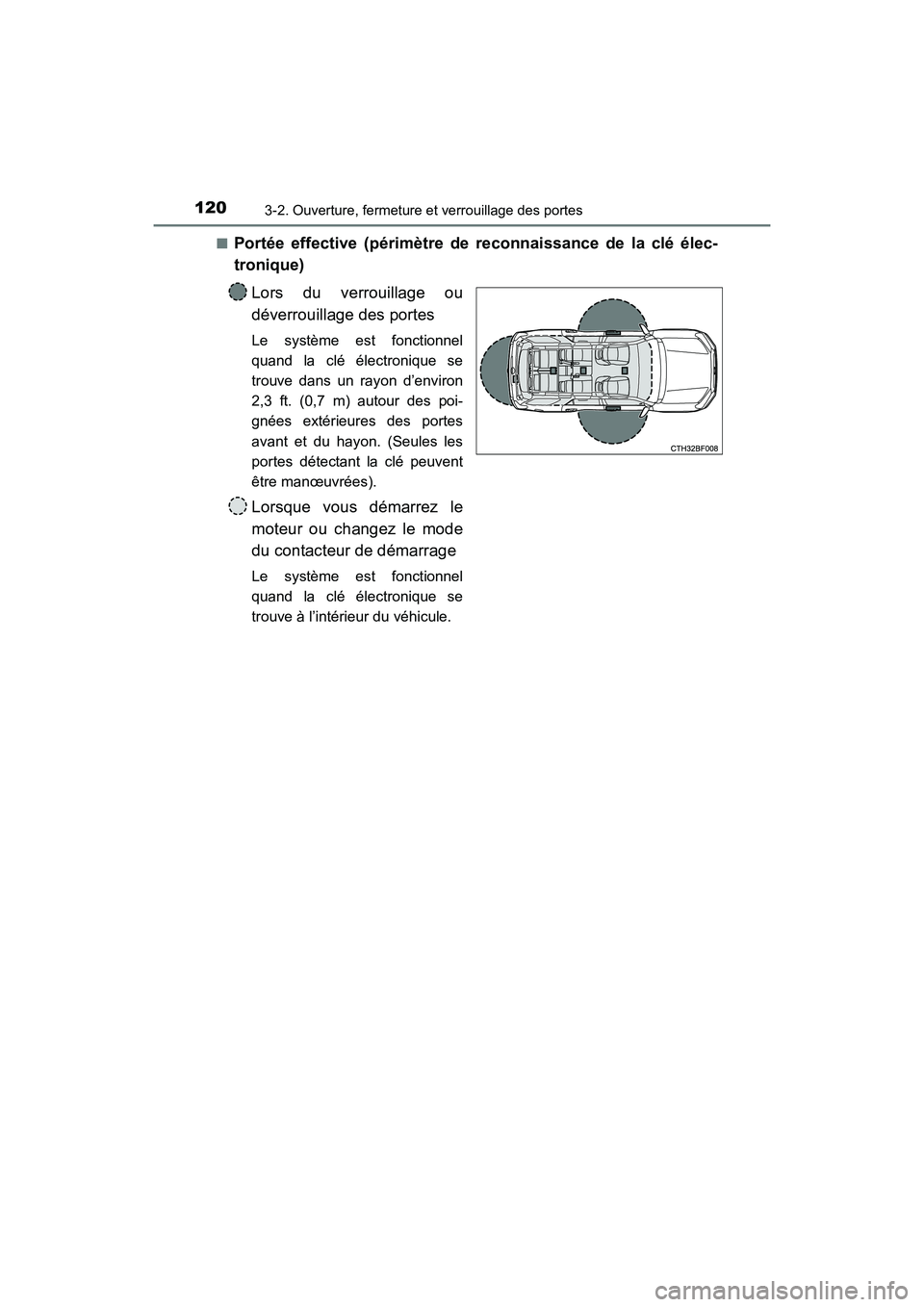 TOYOTA 4RUNNER 2017 Manuel du propriétaire (in French) 1203-2. Ouverture, fermeture et verrouillage des portes
4RUNNER (D)_(OM35B37D)■
Portée effective (périmètre de reconnaissance de la clé élec-
tronique)
Lors du verrouillage ou
déverrouillage d TOYOTA 4RUNNER 2017 Manuel du propriétaire (in French) 1203-2. Ouverture, fermeture et verrouillage des portes
4RUNNER (D)_(OM35B37D)■
Portée effective (périmètre de reconnaissance de la clé élec-
tronique)
Lors du verrouillage ou
déverrouillage d