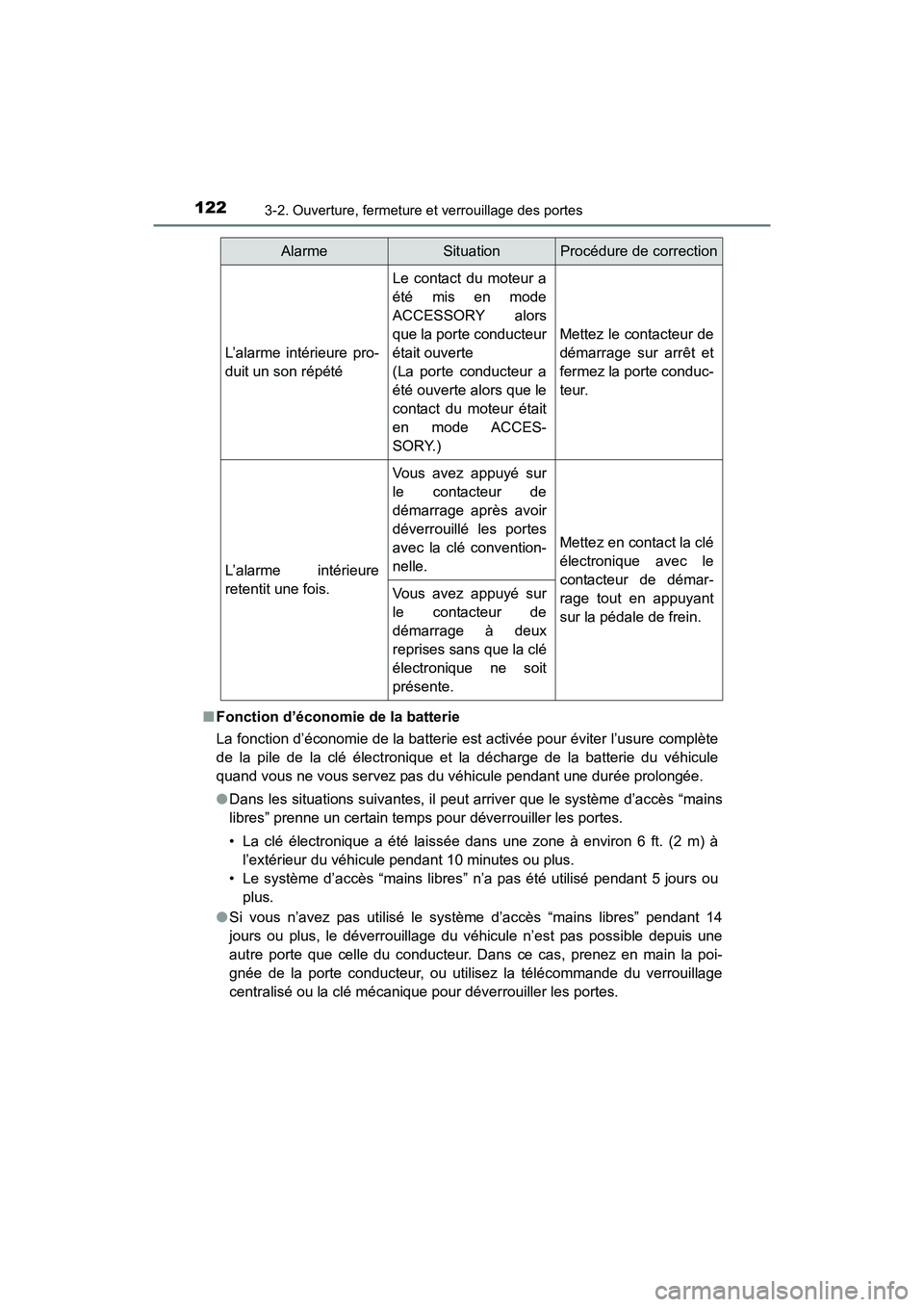 TOYOTA 4RUNNER 2017 Manuel du propriétaire (in French) 1223-2. Ouverture, fermeture et verrouillage des portes
4RUNNER (D)_(OM35B37D)■
Fonction d’économie de la batterie
La fonction d’économie de la batterie est activée pour éviter l’usure com TOYOTA 4RUNNER 2017 Manuel du propriétaire (in French) 1223-2. Ouverture, fermeture et verrouillage des portes
4RUNNER (D)_(OM35B37D)■
Fonction d’économie de la batterie
La fonction d’économie de la batterie est activée pour éviter l’usure com