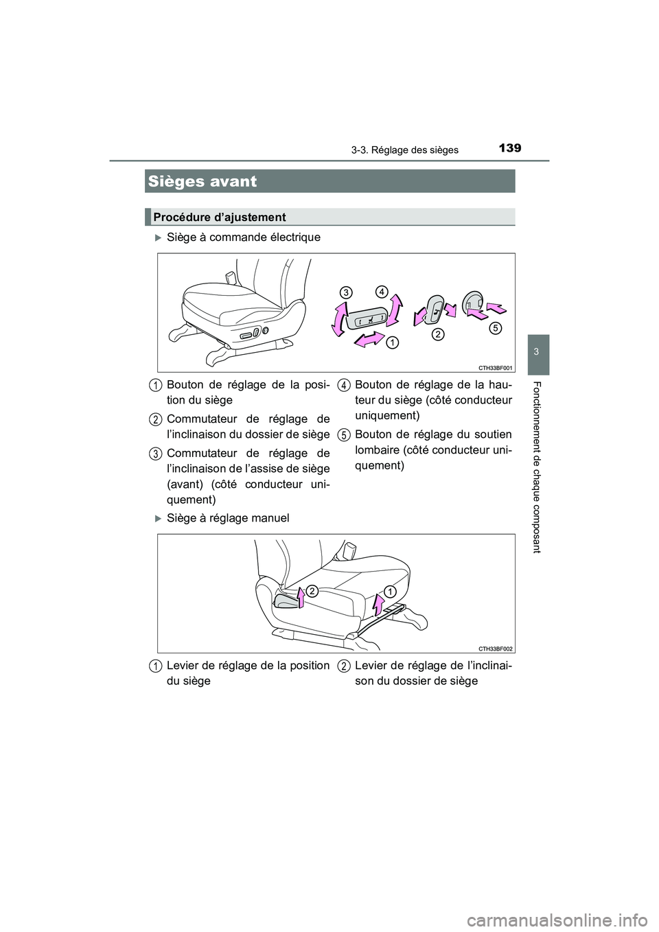 TOYOTA 4RUNNER 2017  Manuel du propriétaire (in French) 139
3
Fonctionnement de chaque composant
4RUNNER (D)_(OM35B37D)
3-3. Réglage des sièges
Sièges avant
Procédure d’ajustement
�XSiège à commande électrique
Bouton de réglage de la posi-
tion d