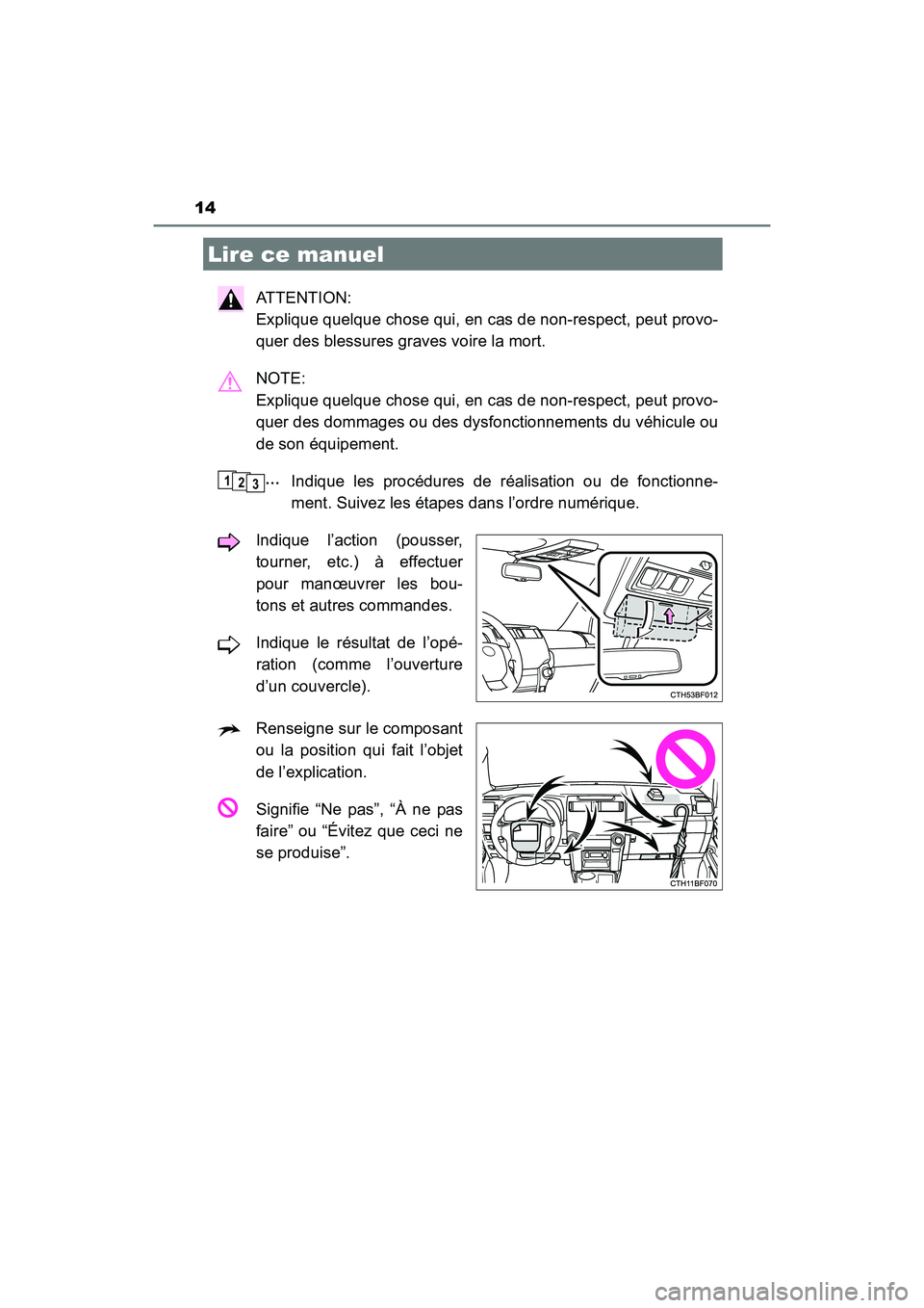 TOYOTA 4RUNNER 2017 Manuel du propriétaire (in French) 14
4RUNNER (D)_(OM35B37D)
ATTENTION:
Explique quelque chose qui, en cas de non-respect, peut provo-
quer des blessures graves voire la mort.
NOTE:
Explique quelque chose qui, en cas de non-respect, TOYOTA 4RUNNER 2017 Manuel du propriétaire (in French) 14
4RUNNER (D)_(OM35B37D)
ATTENTION:
Explique quelque chose qui, en cas de non-respect, peut provo-
quer des blessures graves voire la mort.
NOTE:
Explique quelque chose qui, en cas de non-respect,