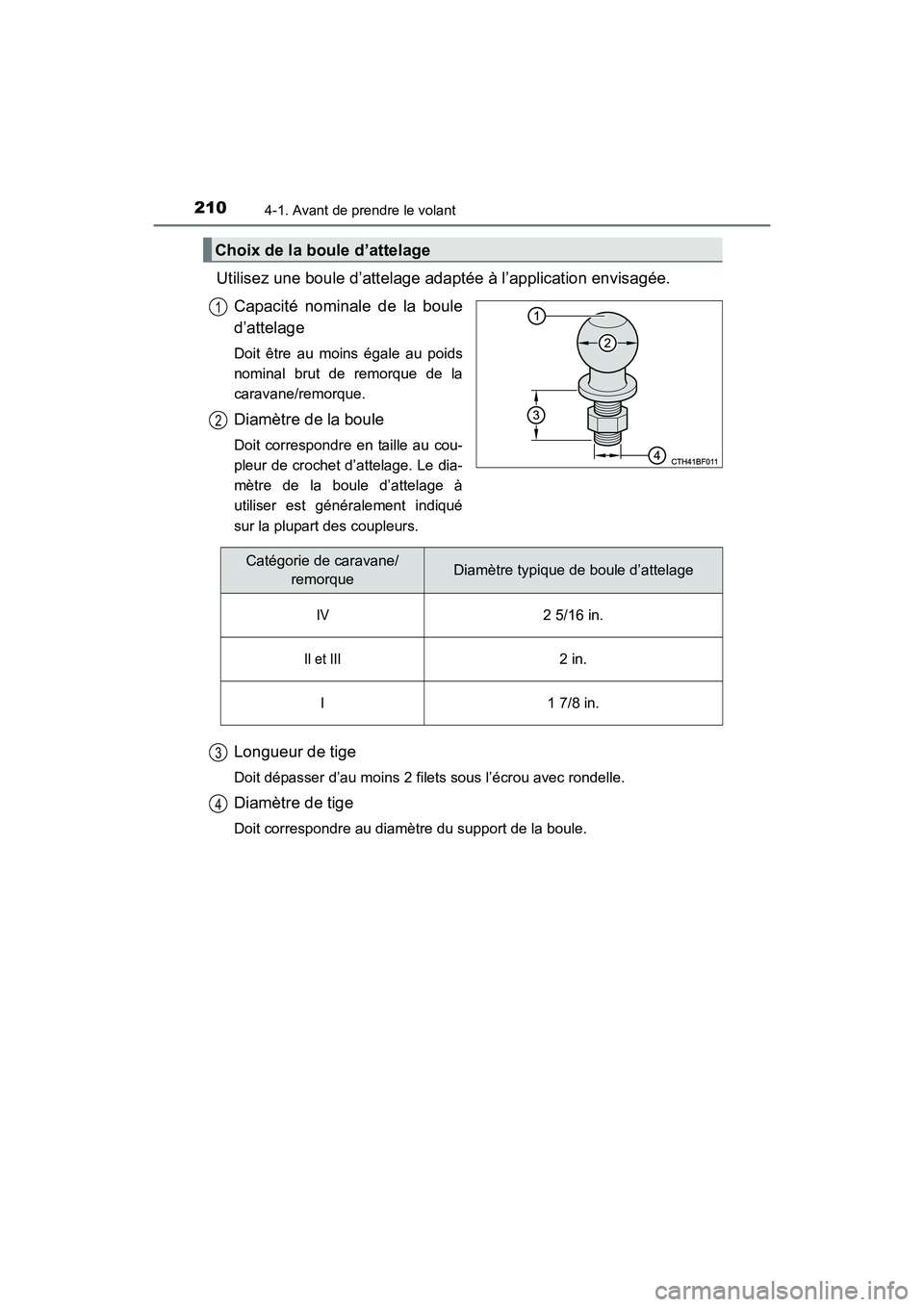TOYOTA 4RUNNER 2017 Manuel du propriétaire (in French) 2104-1. Avant de prendre le volant
4RUNNER (D)_(OM35B37D)
Utilisez une boule d’attelage adaptée à l’application envisagée.Capacité nominale de la boule
d’attelage
Doit être au moins égale TOYOTA 4RUNNER 2017 Manuel du propriétaire (in French) 2104-1. Avant de prendre le volant
4RUNNER (D)_(OM35B37D)
Utilisez une boule d’attelage adaptée à l’application envisagée.Capacité nominale de la boule
d’attelage
Doit être au moins égale