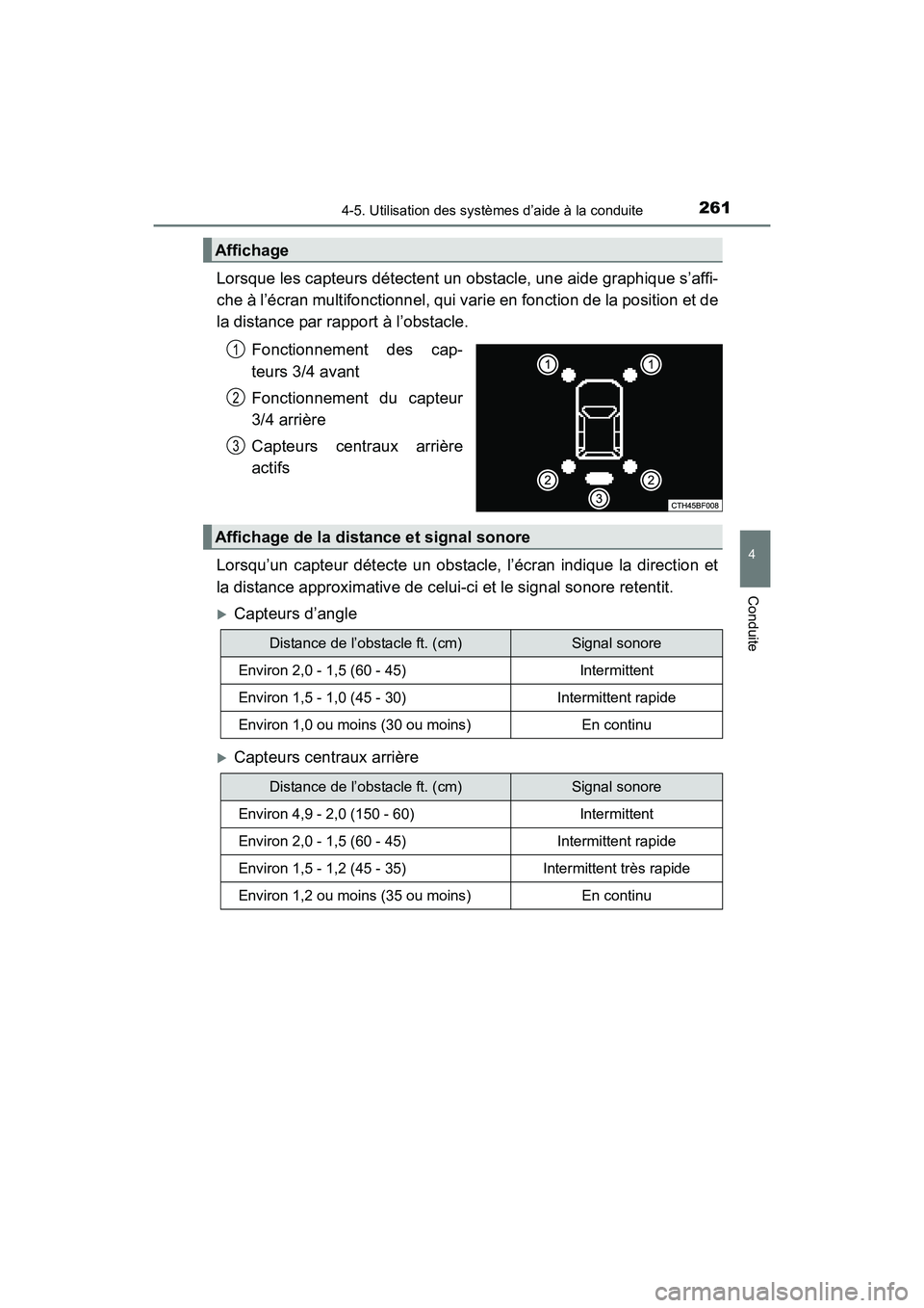 TOYOTA 4RUNNER 2017 Manuel du propriétaire (in French) 2614-5. Utilisation des systèmes d’aide à la conduite
4
Conduite
4RUNNER (D)_(OM35B37D)
Lorsque les capteurs détectent un obstacle, une aide graphique s’affi-
che à l’écran multifonctionnel TOYOTA 4RUNNER 2017 Manuel du propriétaire (in French) 2614-5. Utilisation des systèmes d’aide à la conduite
4
Conduite
4RUNNER (D)_(OM35B37D)
Lorsque les capteurs détectent un obstacle, une aide graphique s’affi-
che à l’écran multifonctionnel